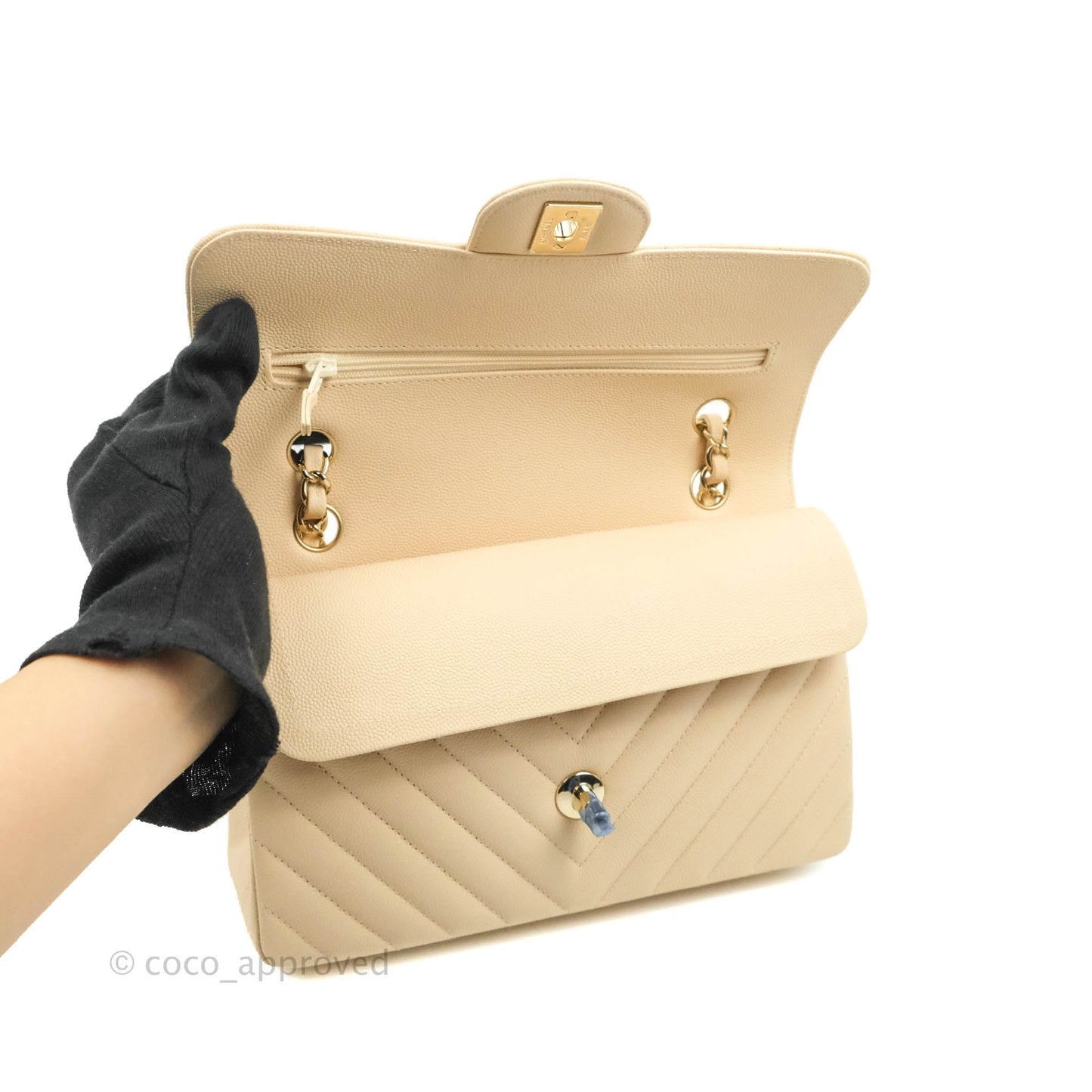 Chanel S/M Small Chevron Classic Flap Beige Caviar Gold Hardware 21S
