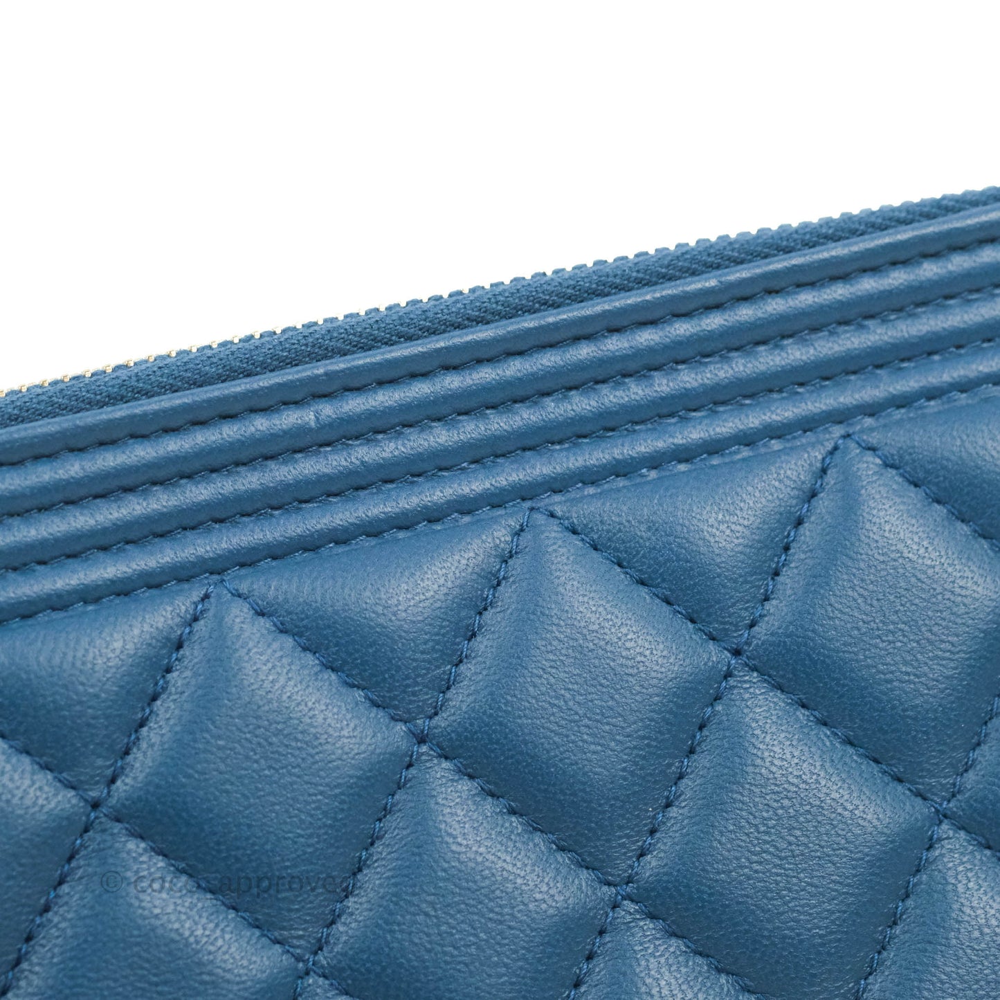Chanel Boy Double Zip Clutch On Chain Blue Lambskin Aged Gold Hardware