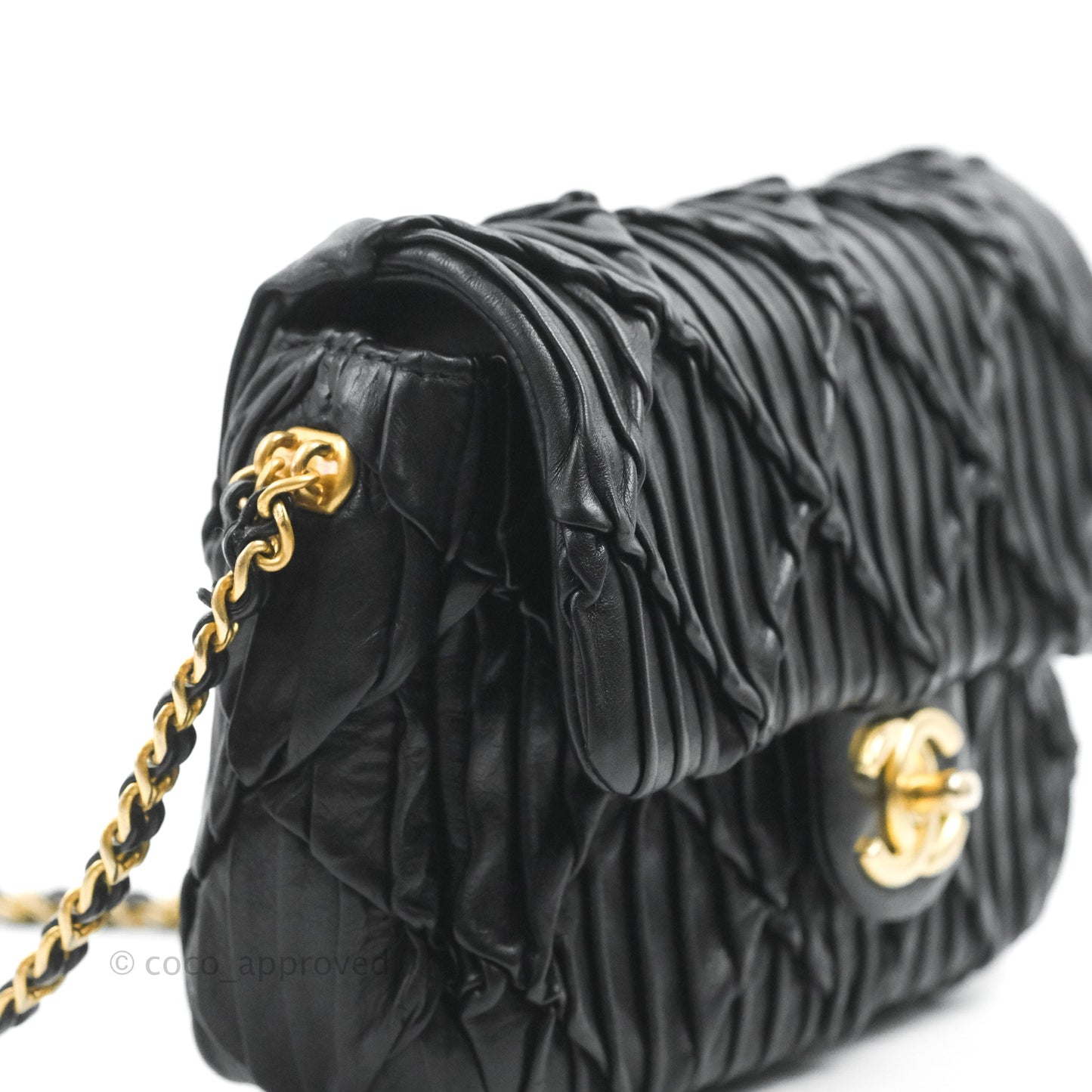 Chanel Small Coin Charm Flap Velvet Strap Black Lambskin Aged Gold Hardware