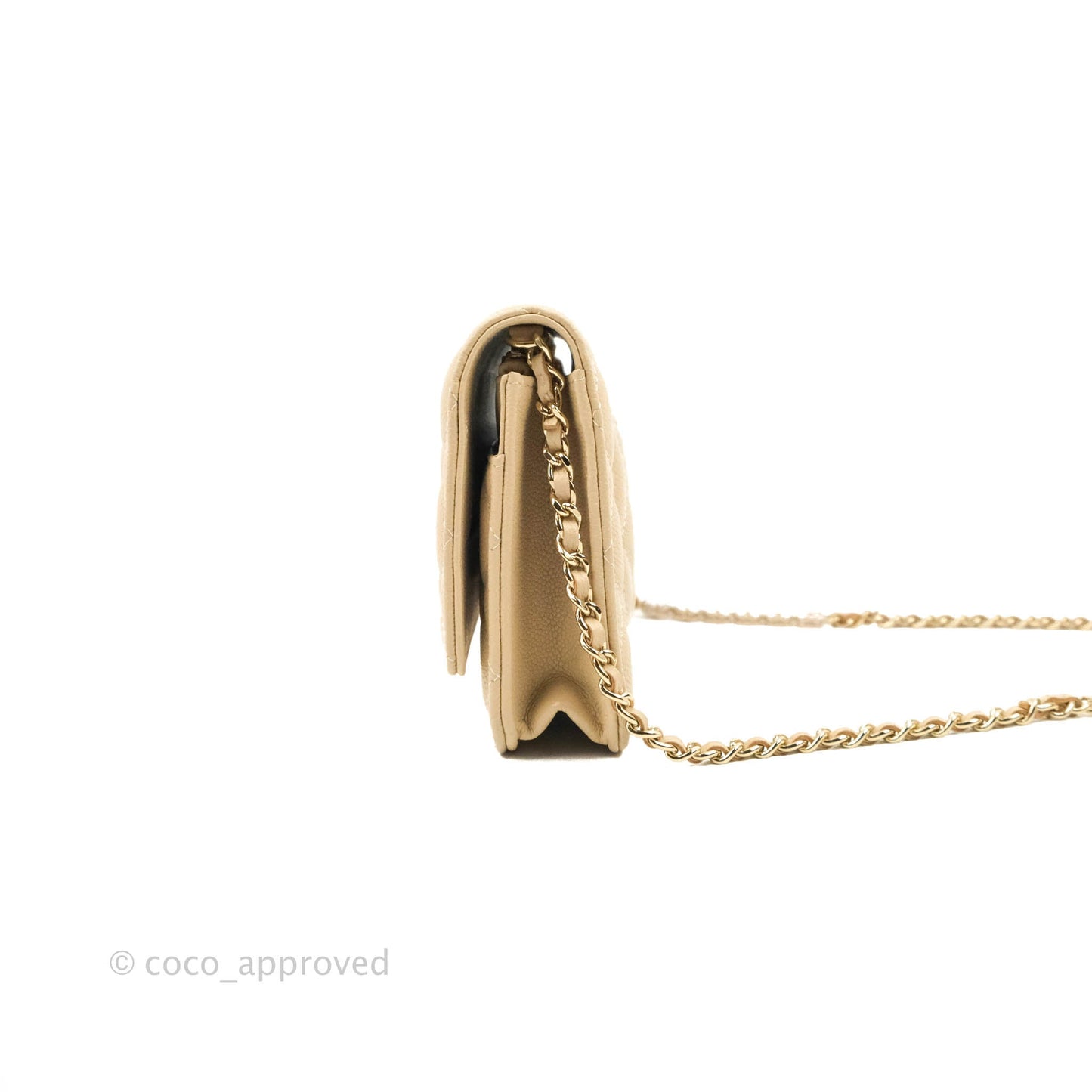 Chanel Quilted Wallet on CC Chain WOC Beige Caviar Gold Hardware