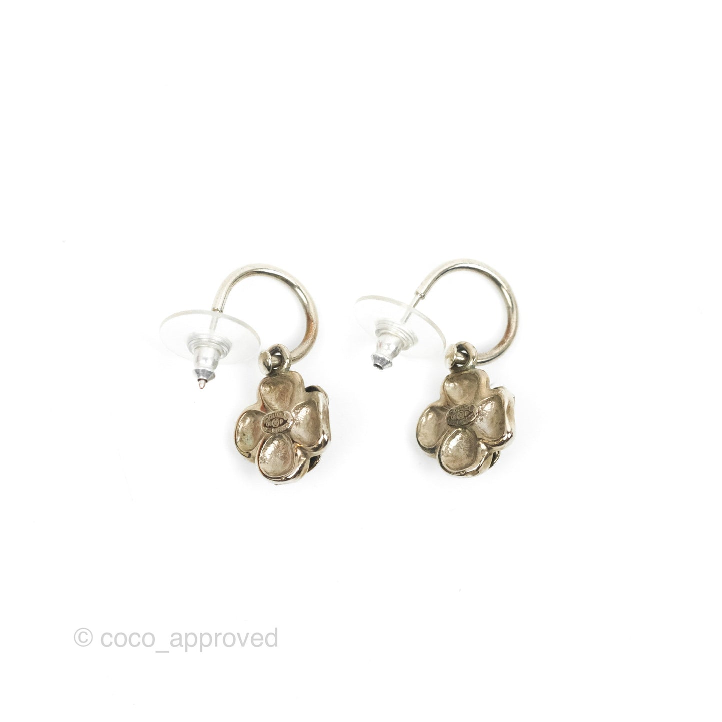 Chanel Black Camellia Drop Hoop Earrings Silver Tone 08P