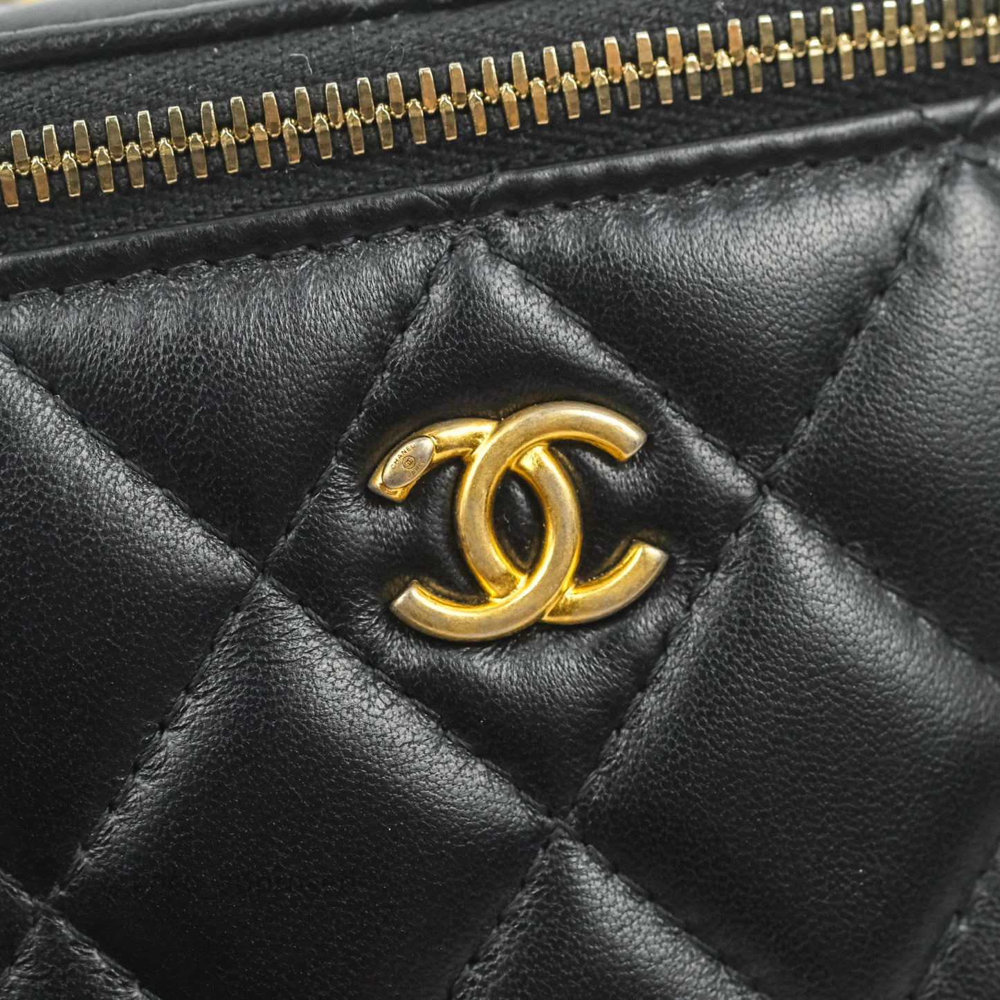 Chanel Classic Mini Pearl Crush Vanity With Chain Black Lambskin Aged Gold Hardware