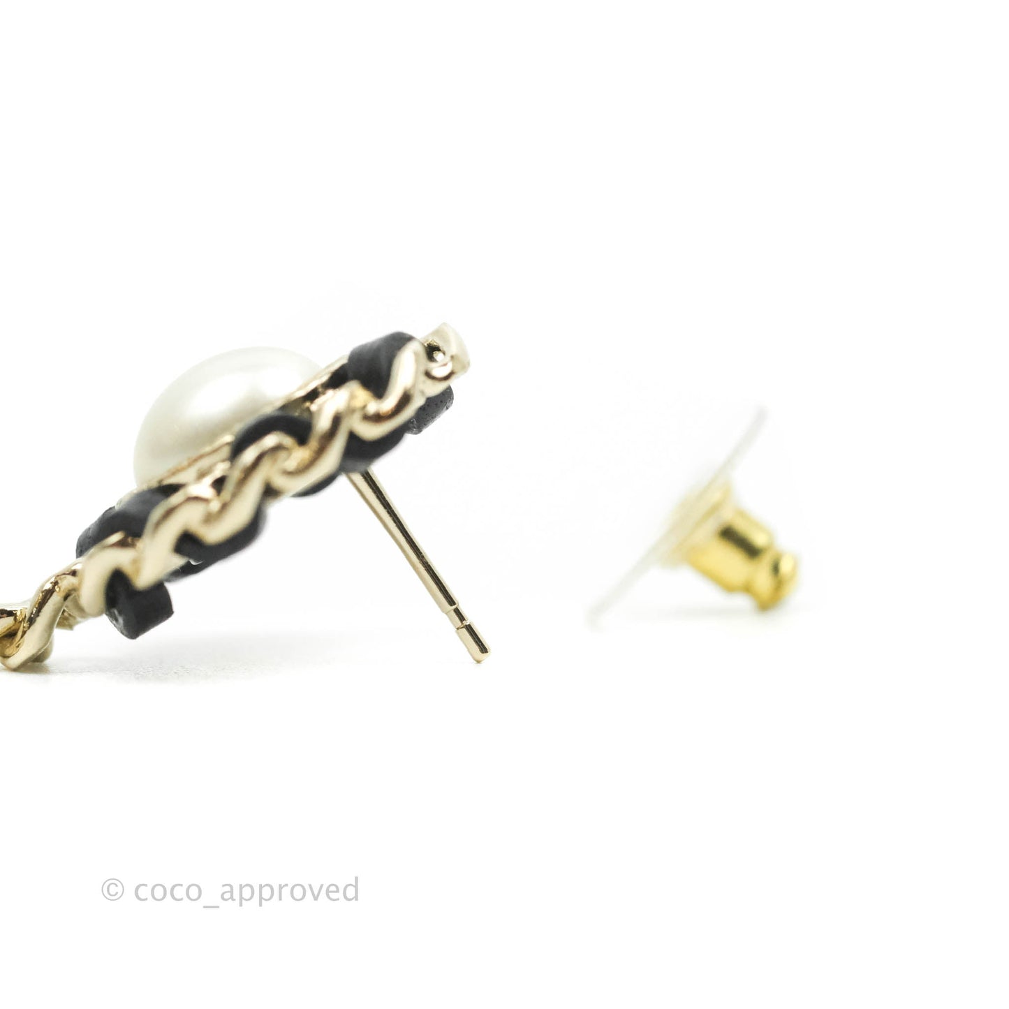 Chanel Oval Pearl Braided Black Leather Drop Crystal CC Earrings Gold Tone 21B