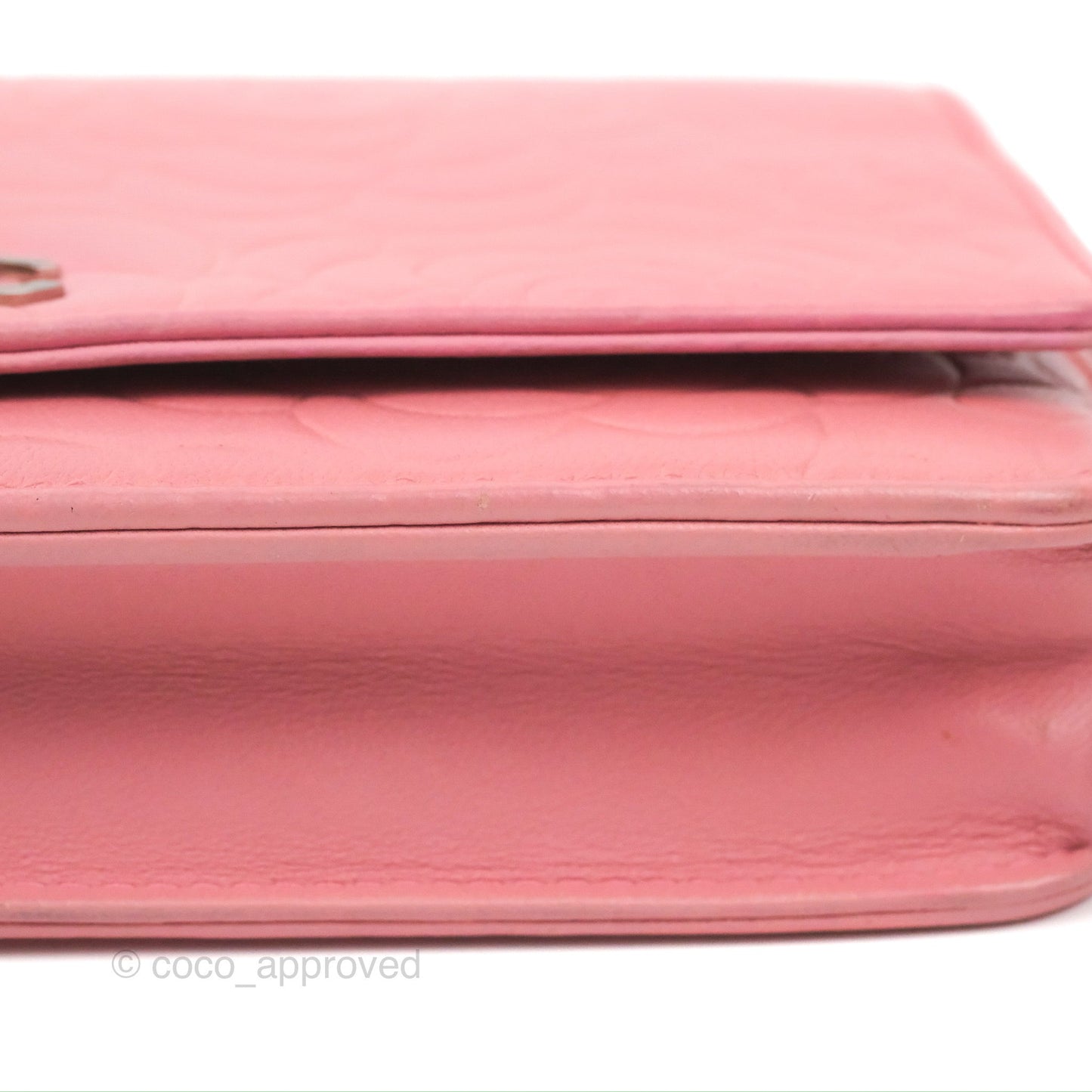 Chanel Camellia Embossed Wallet On Chain WOC Pink Lambskin Silver Hardware