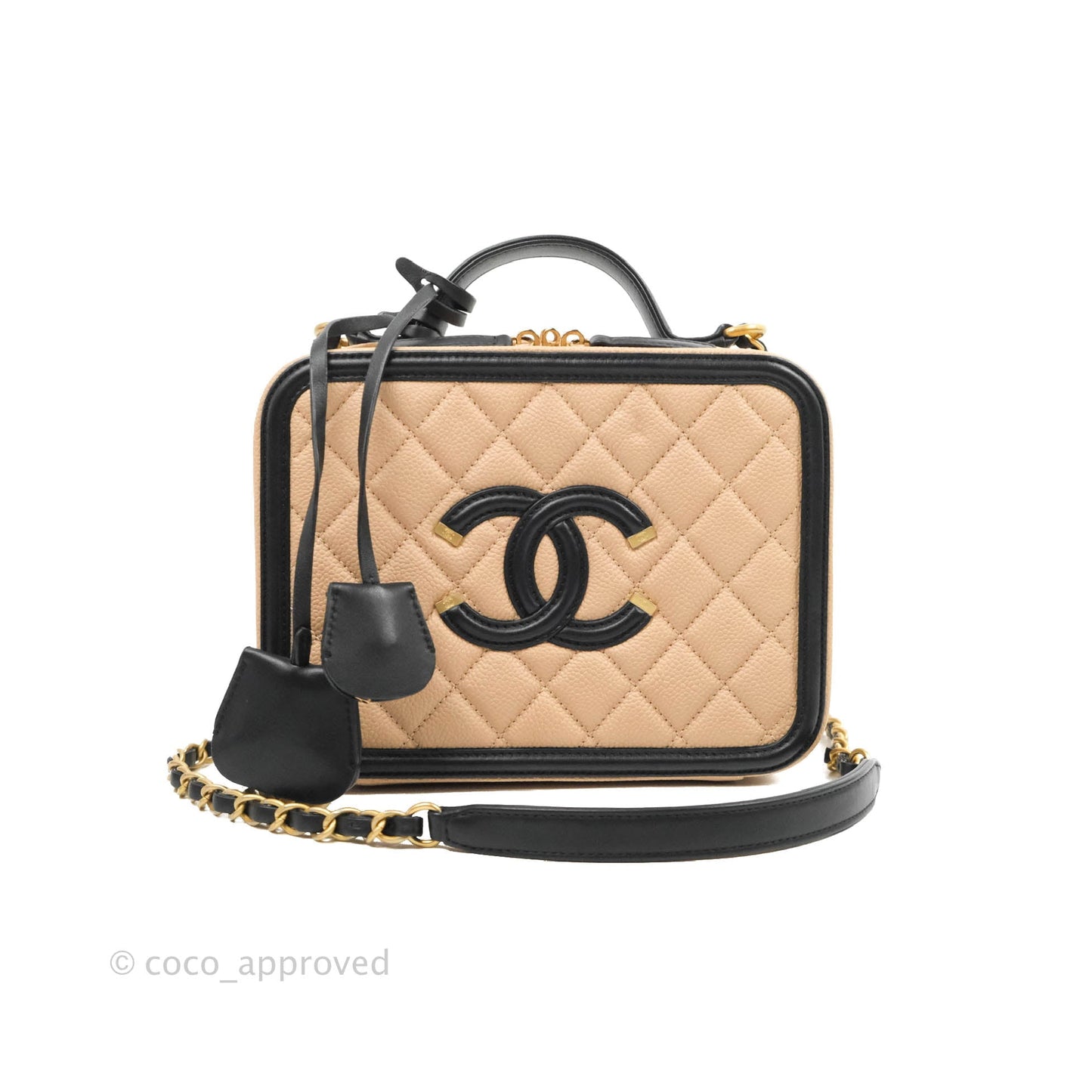 Chanel Quilted Medium CC Filigree Vanity Case Beige Caviar Aged Gold Hardware