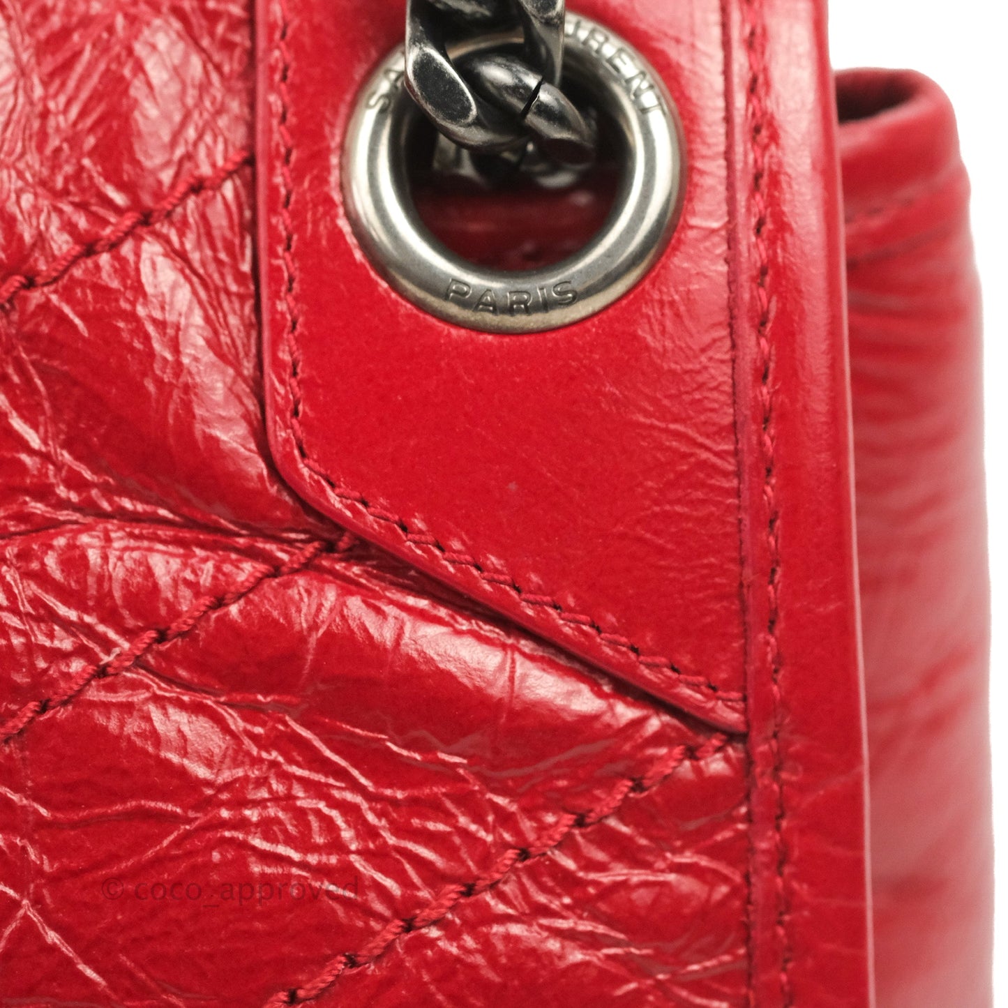Saint Laurent Medium Crinkled Calfskin Matelasse Monogram Niki Chain Satchel Red Ruthenium Hardware