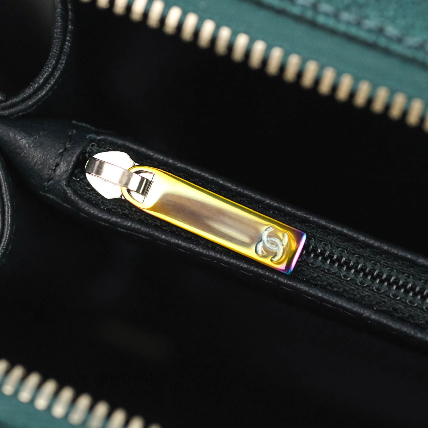 Chanel Quilted Medium CC Filigree Vanity Case Iridescent Dark Turquoise Caviar Rainbow Hardware