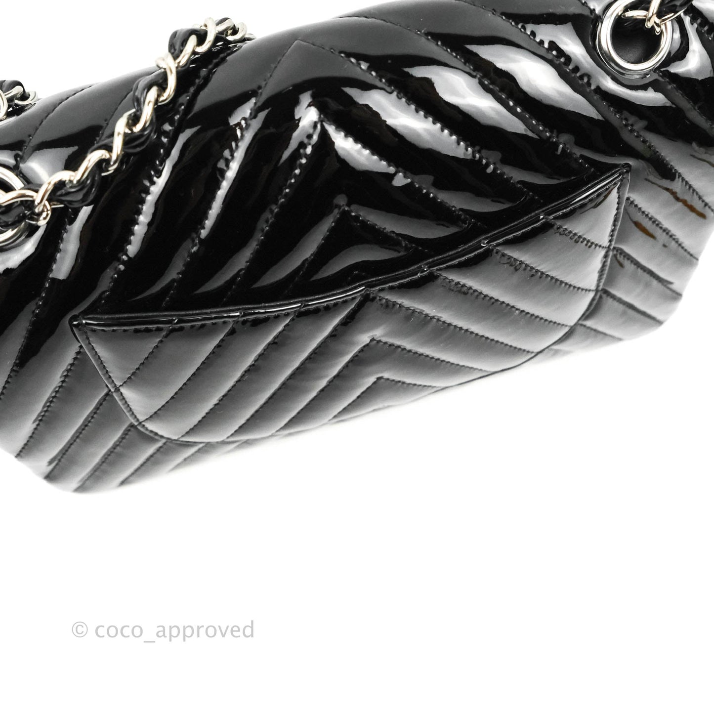 Chanel Classic M/L Medium Chevron Double Flap Black Patent Silver Hardware