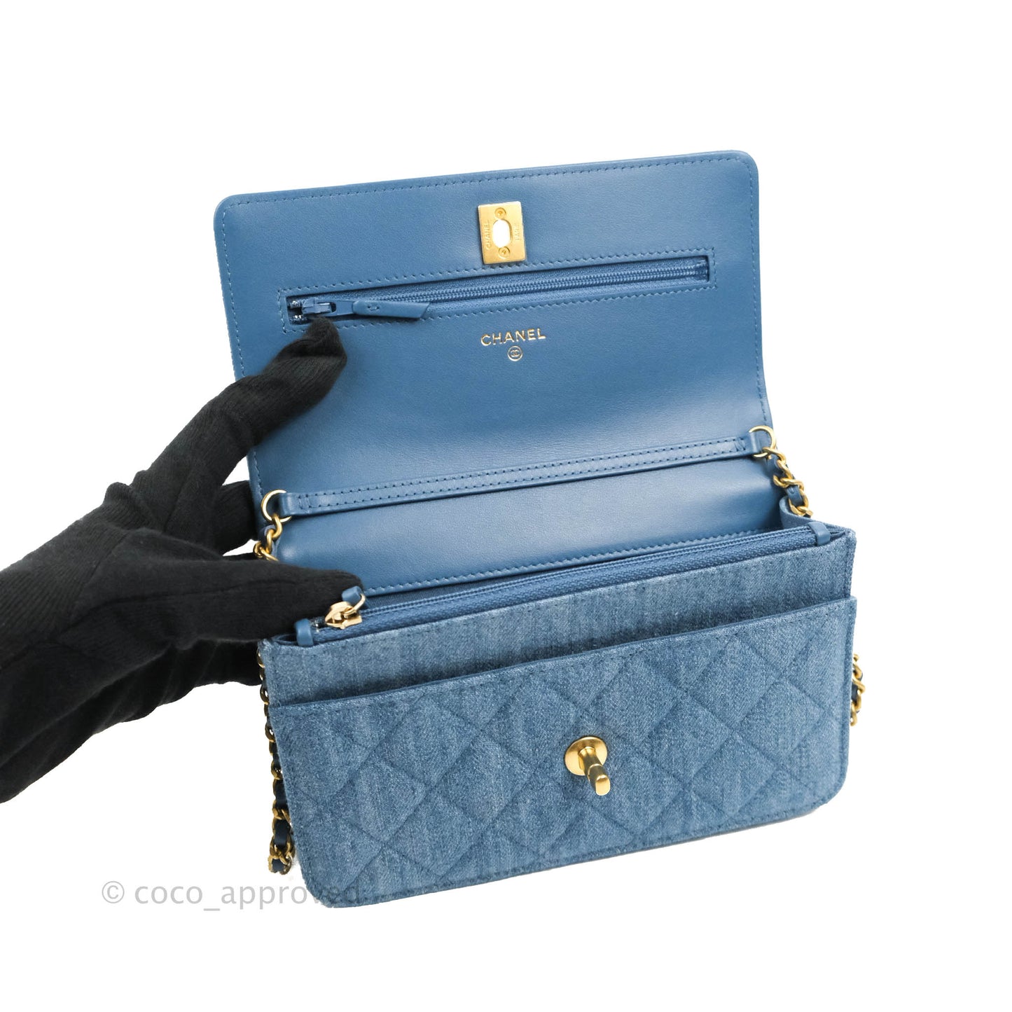 Chanel Quilted Pearl Crush Wallet on Chain WOC Denim Aged Gold Hardware