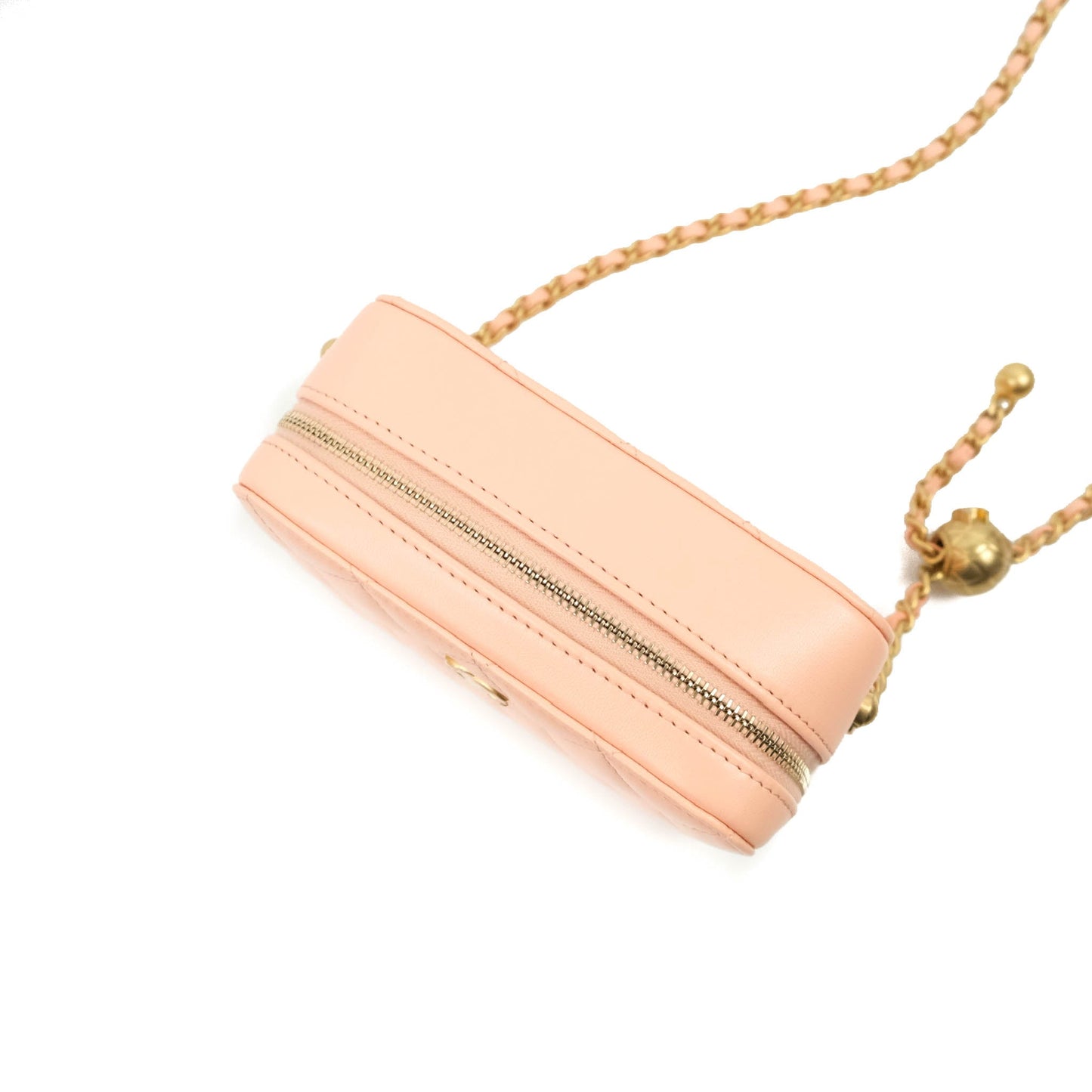 Chanel Mini Pearl Crush Quilted Camera Case Beige Pink Lambskin Aged Gold Hardware