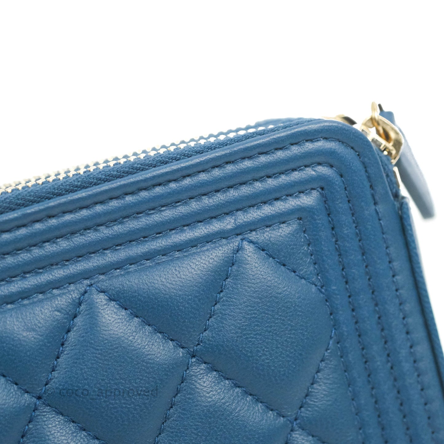Chanel Boy Double Zip Clutch On Chain Blue Lambskin Aged Gold Hardware