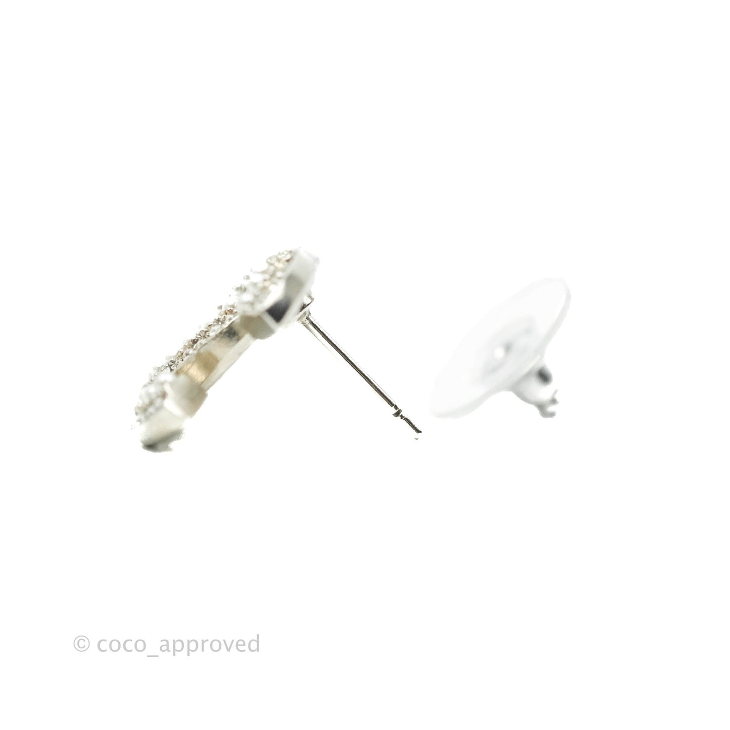 Chanel CC Pearl Crystal Earrings Silver Tone