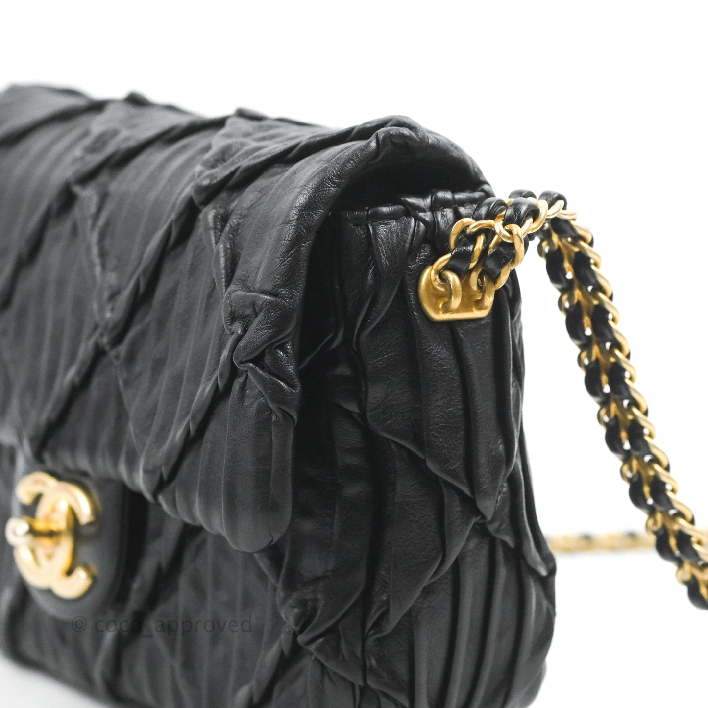 Chanel Small Coin Charm Flap Velvet Strap Black Lambskin Aged Gold Hardware