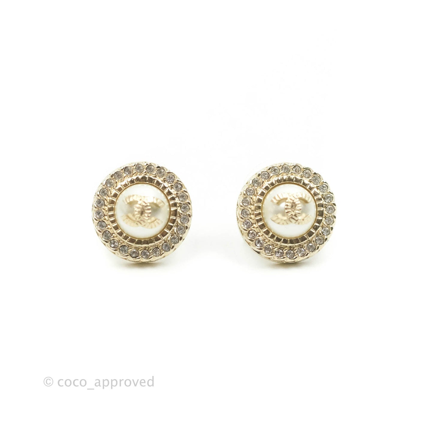 Chanel CC Pearl Crystal Round Earrings Gold Tone 21B