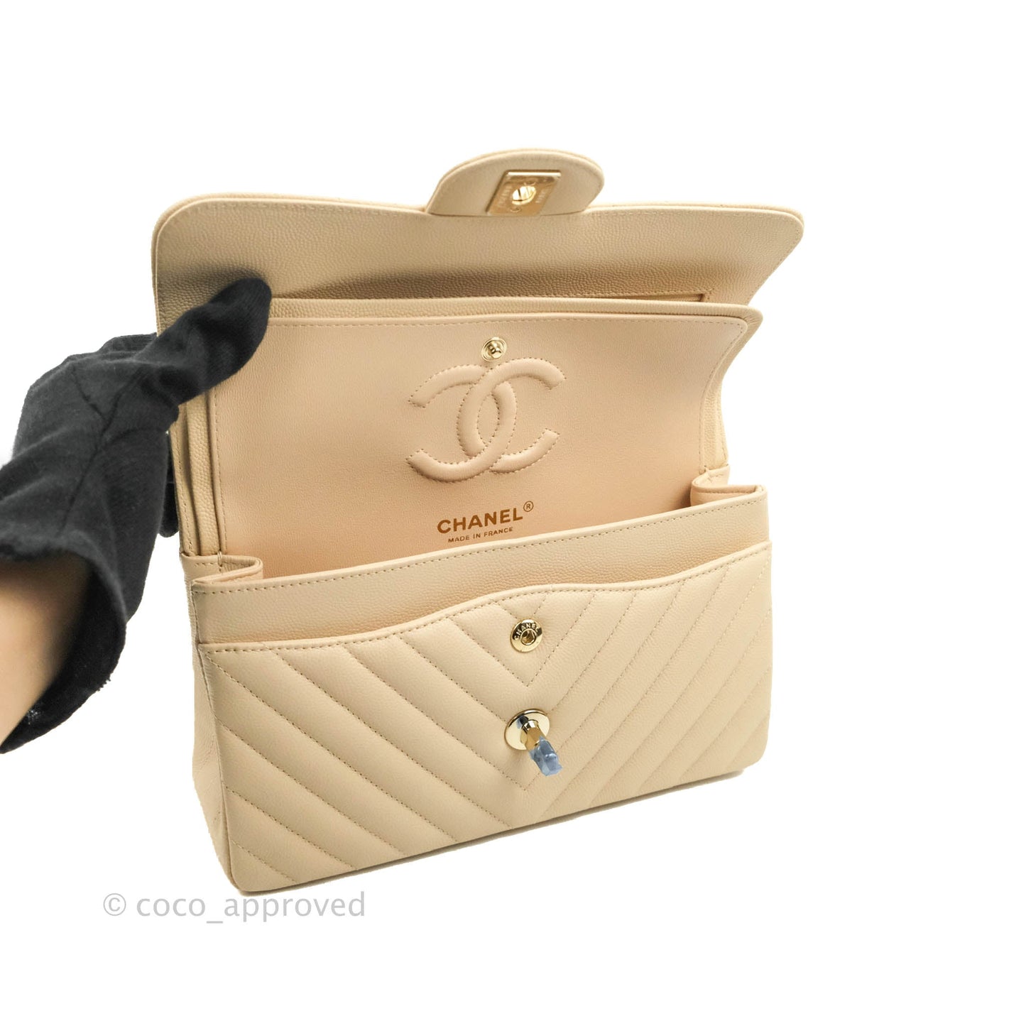 Chanel S/M Small Chevron Classic Flap Beige Caviar Gold Hardware 21S