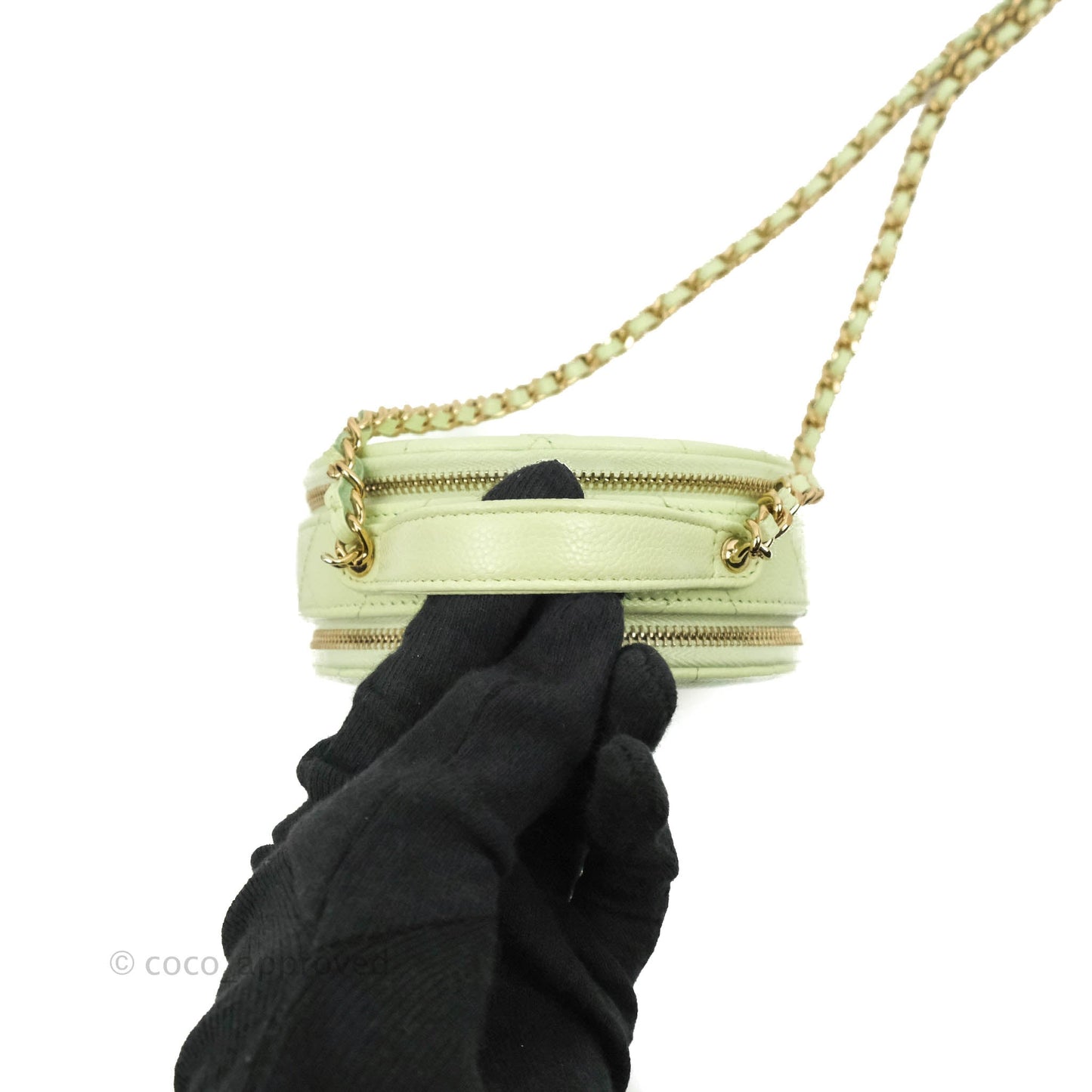 Chanel Mini Round Vanity Bag Handle With Care Light Green Caviar 22C