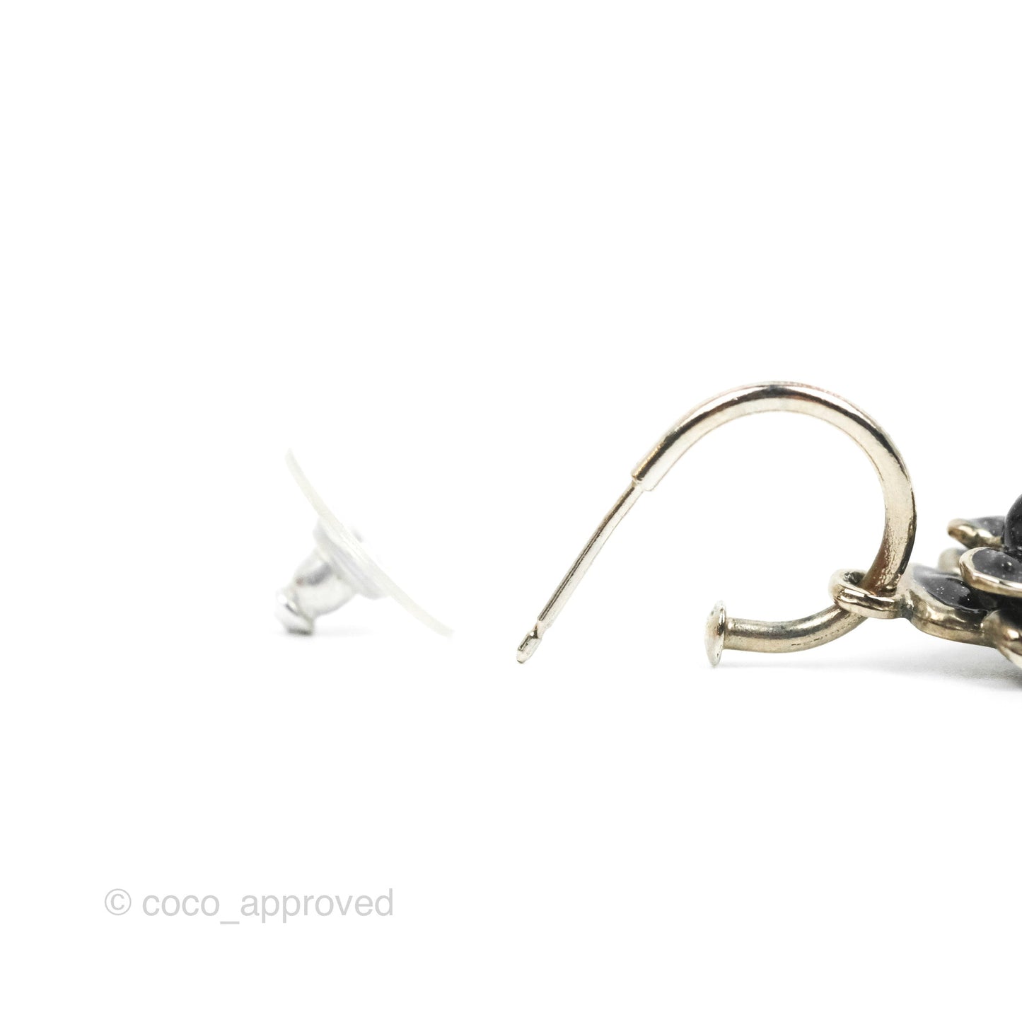 Chanel Black Camellia Drop Hoop Earrings Silver Tone 08P