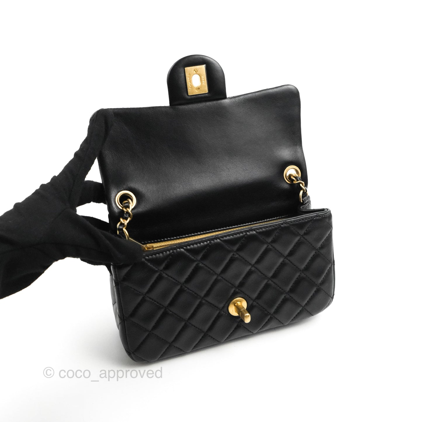Chanel Mini Rectangular Pearl Crush Quilted Black Lambskin Aged Gold Hardware