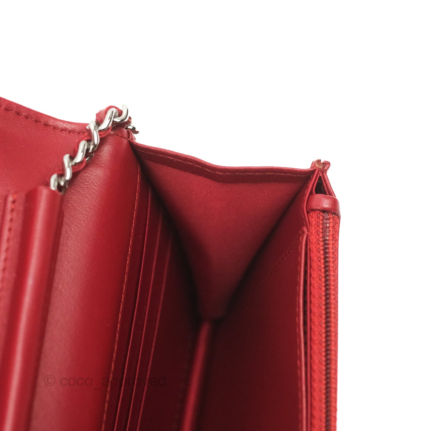 Chanel Camellia Embossed Wallet On Chain WOC Red Lambskin Silver Hardware