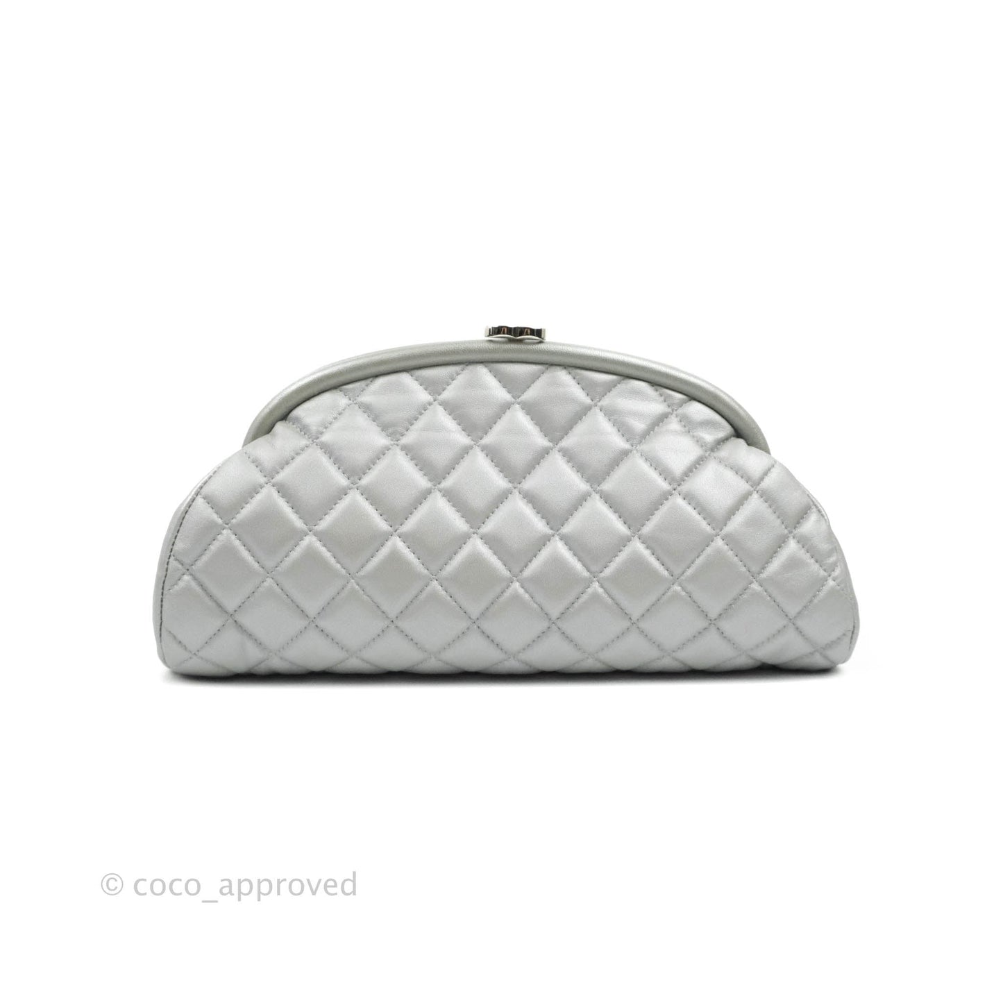 Chanel Quilted Timeless Kisslock Clutch Metallic Silver Lambskin Silver Hardware