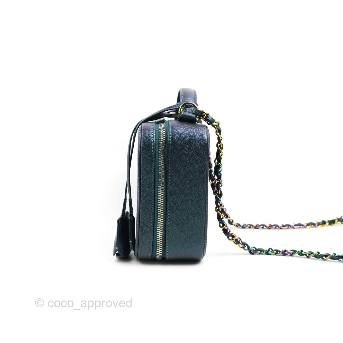 Chanel Quilted Medium CC Filigree Vanity Case Iridescent Dark Turquoise Caviar Rainbow Hardware