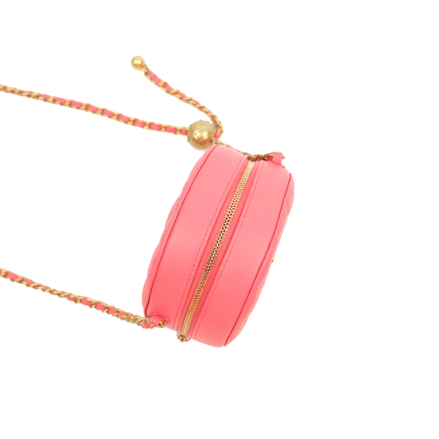 Chanel Quilted Round Pearl Crush Clutch With Chain Pink Lambskin Aged Gold Hardware