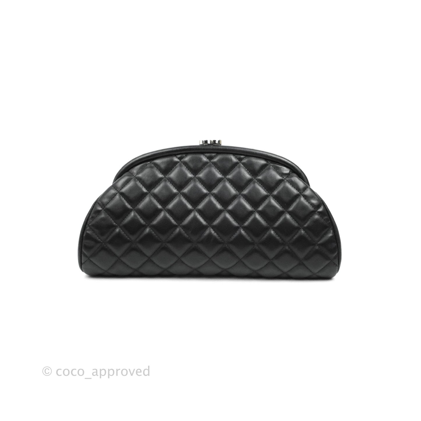 Chanel Quilted Timeless Kisslock Clutch Black Lambskin Silver Hardware