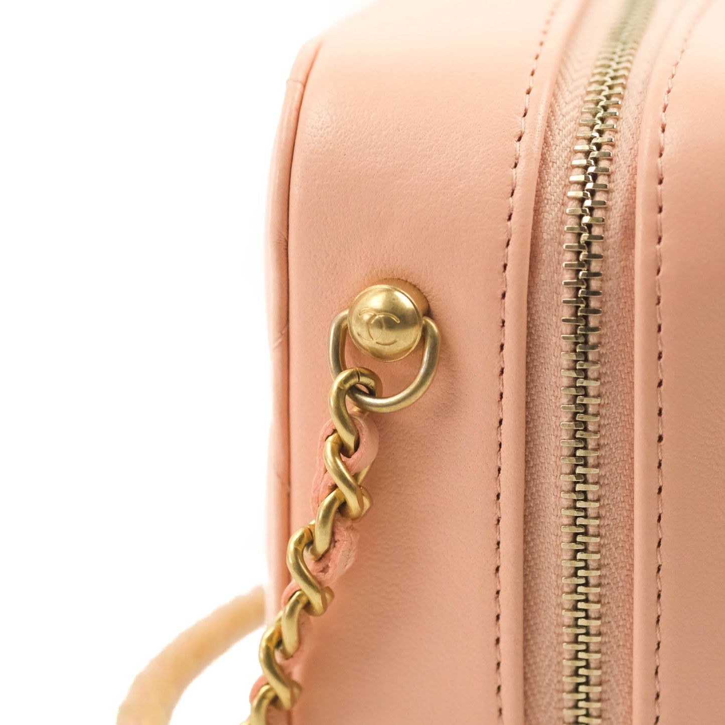 Chanel Mini Pearl Crush Quilted Camera Case Beige Pink Lambskin Aged Gold Hardware