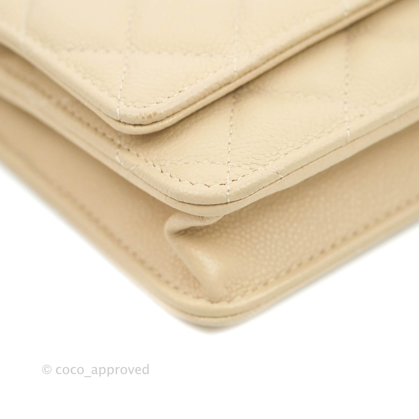 Chanel Quilted Wallet on CC Chain WOC Beige Caviar Gold Hardware