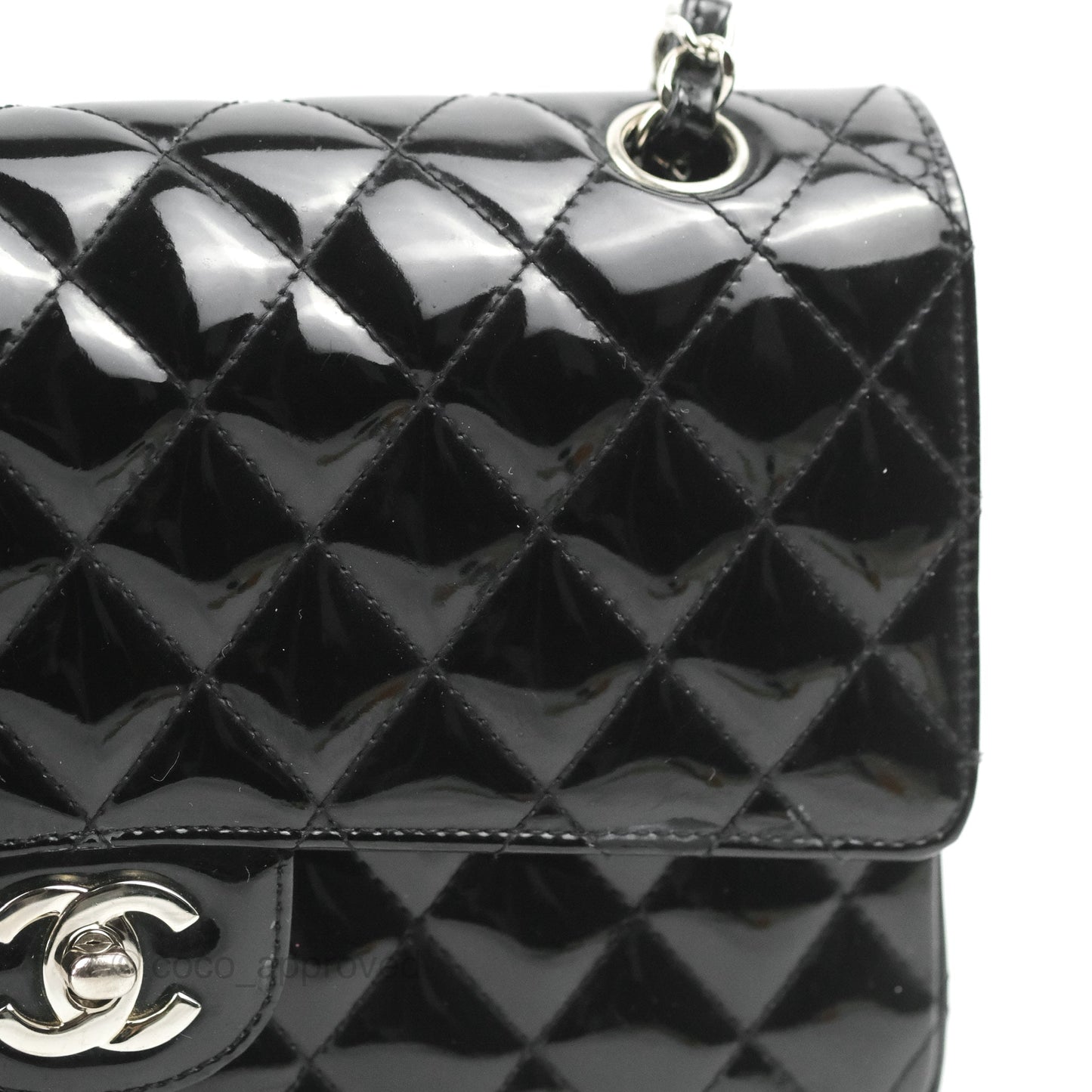 Chanel Classic M/L Medium Flap Quilted Black Patent Silver Hardware