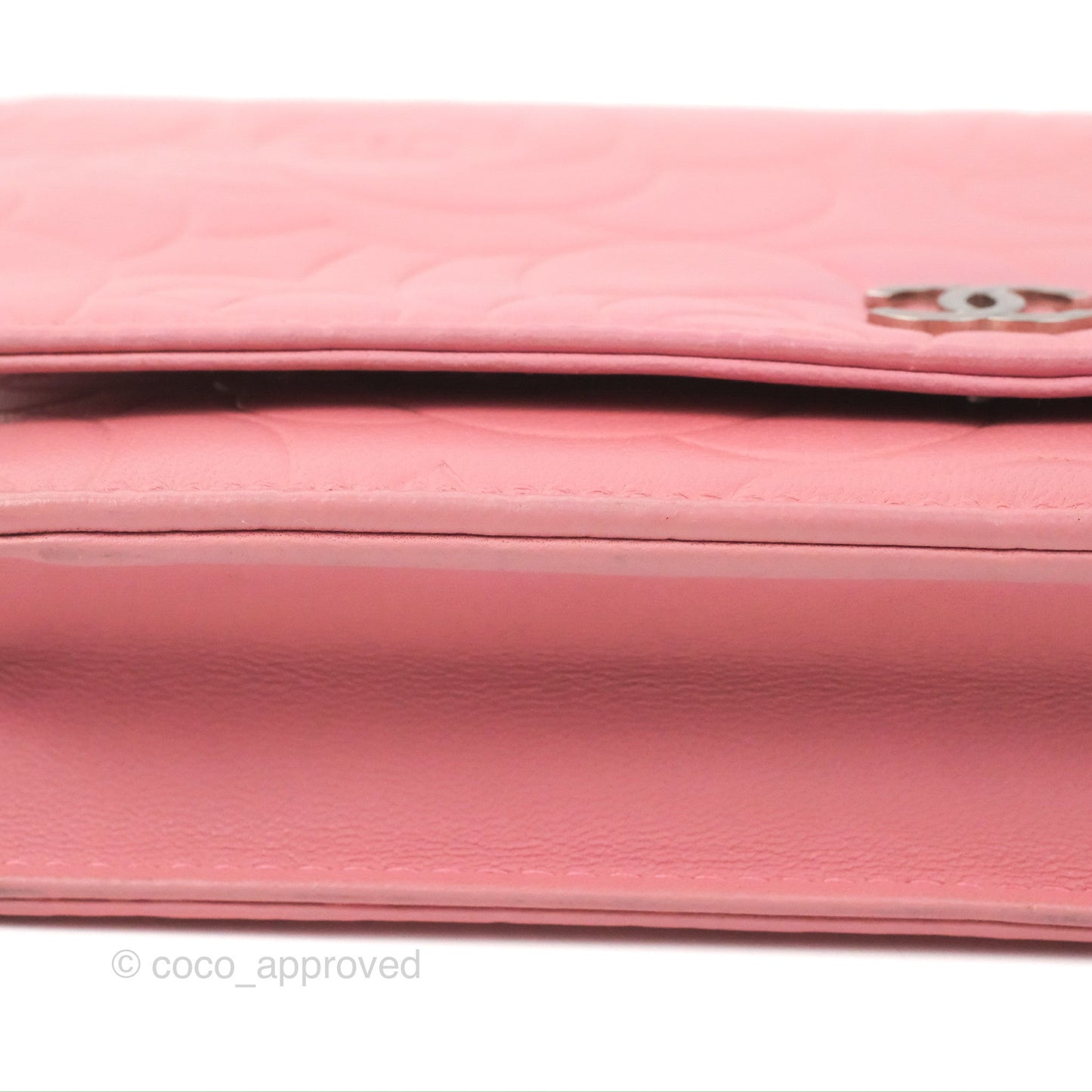Chanel Camellia Embossed Wallet On Chain WOC Pink Lambskin Silver Hardware