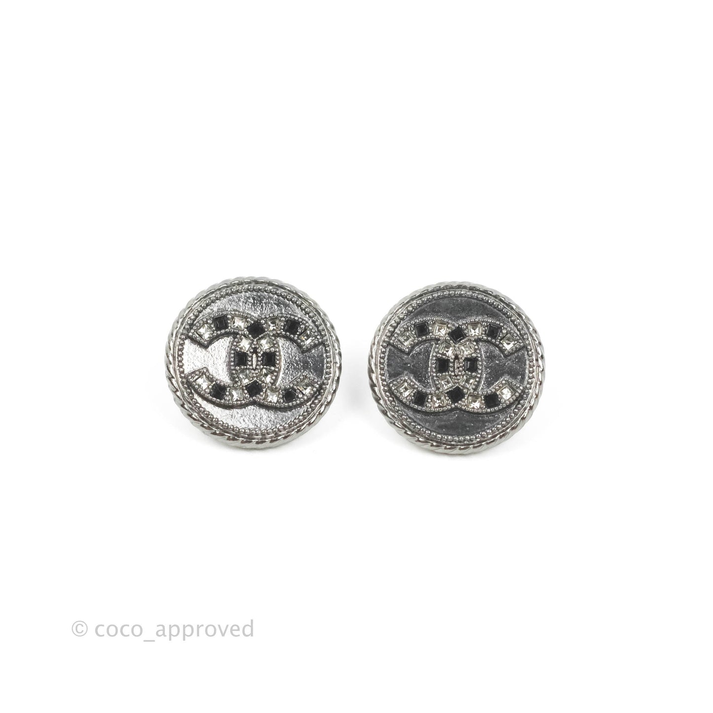Chanel CC Crystal Black Resin Round Earrings Gun Metal 16S