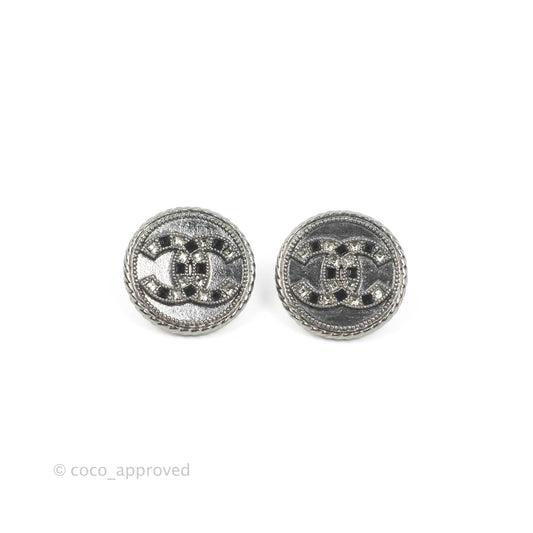 Chanel CC Crystal Black Resin Round Earrings Gun Metal 16S