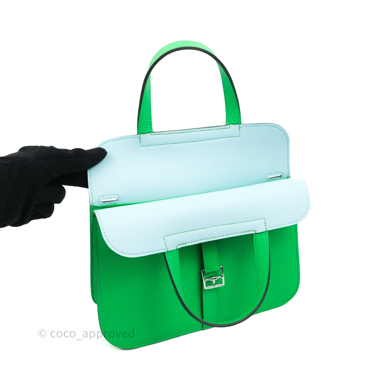 Hermès Halzan 25 Vert Comics/ Bleu Zephyr Clemence Palladium Hardware