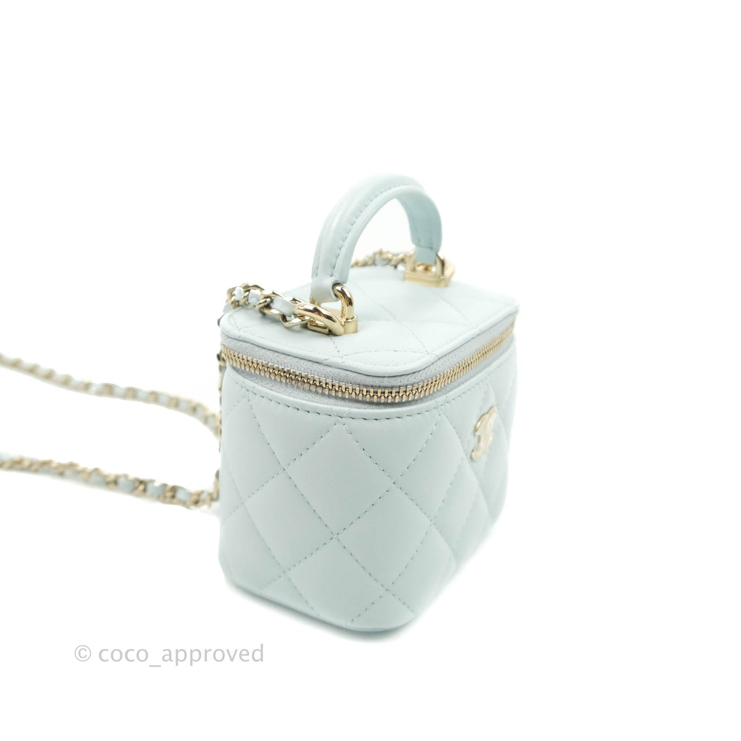 Chanel Mini Top Handle Vanity With Chain Light Blue Lambskin Gold Hardware