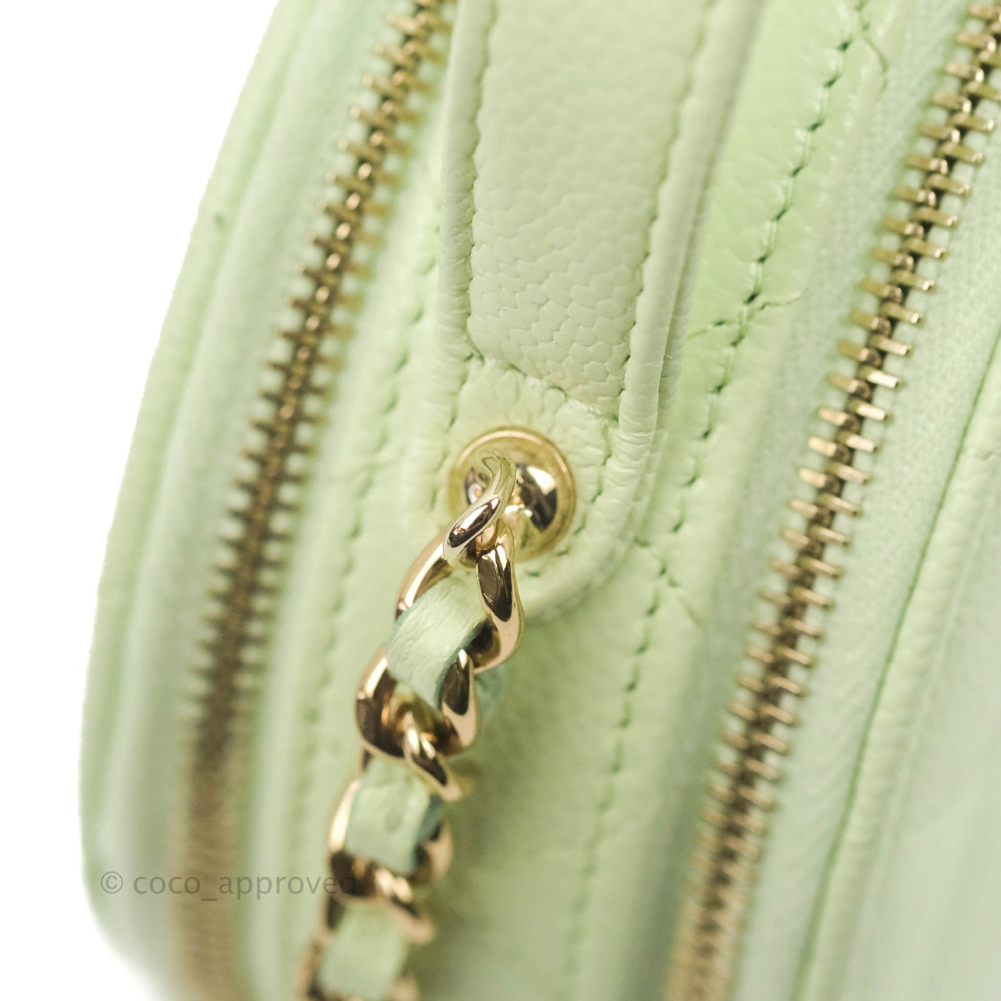 Chanel Mini Round Vanity Bag Handle With Care Light Green Caviar 22C
