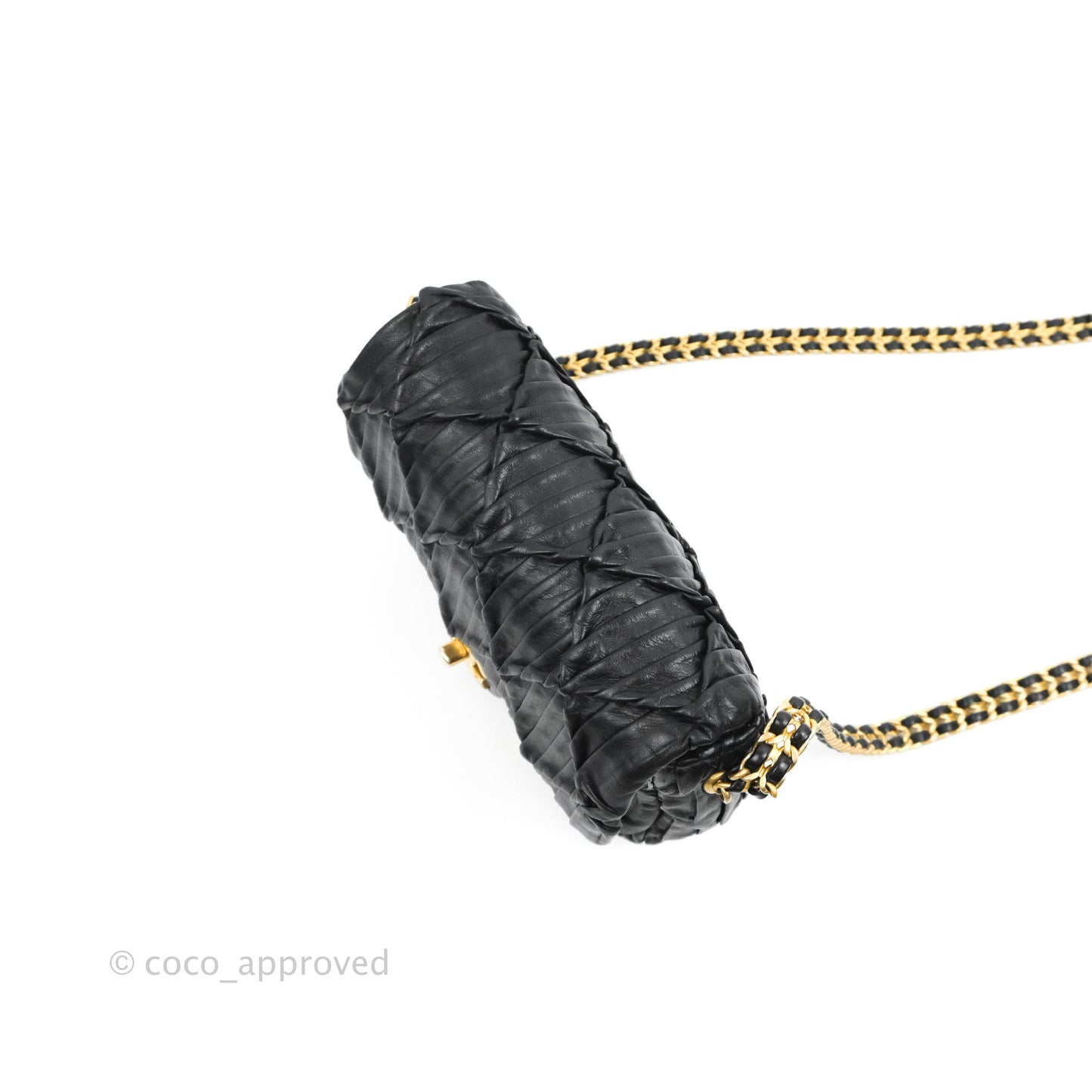 Chanel Small Coin Charm Flap Velvet Strap Black Lambskin Aged Gold Hardware