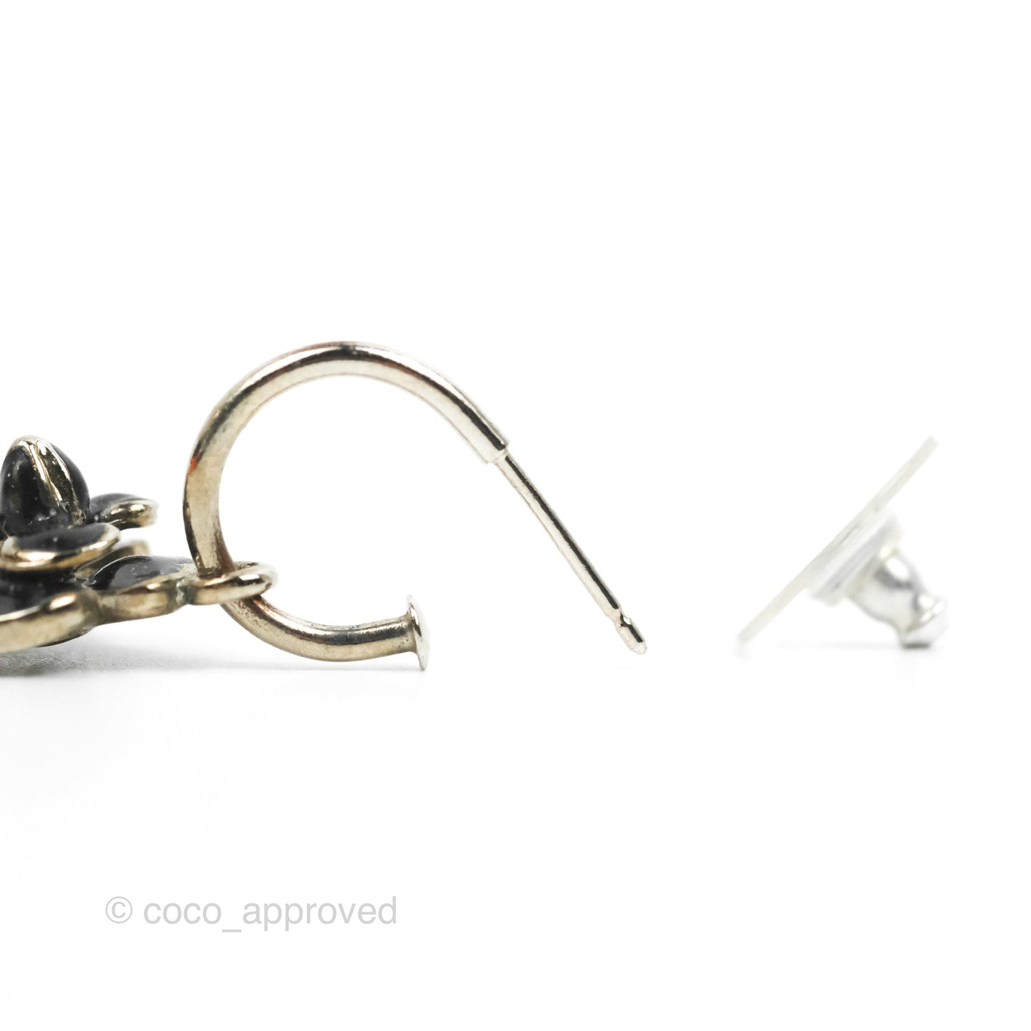 Chanel Black Camellia Drop Hoop Earrings Silver Tone 08P