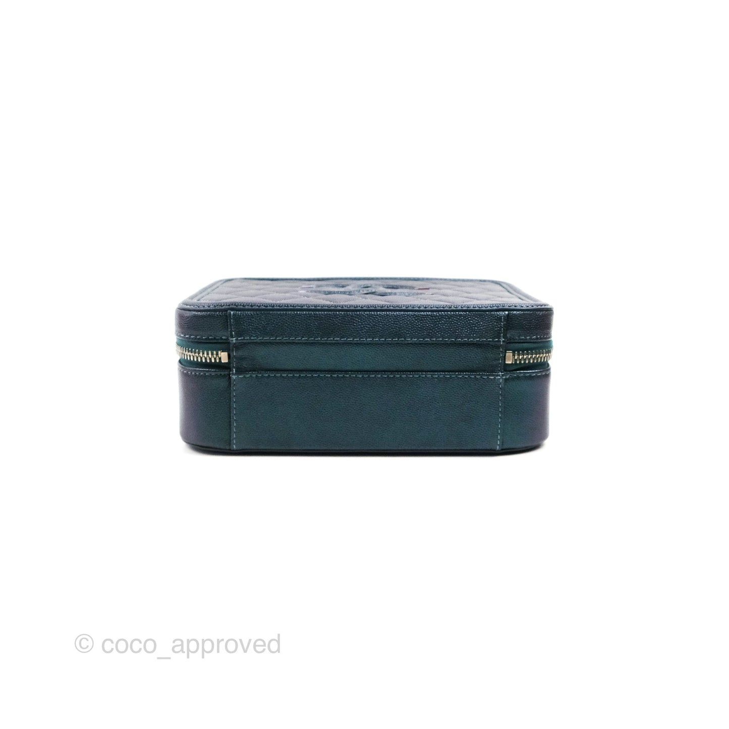 Chanel Quilted Medium CC Filigree Vanity Case Iridescent Dark Turquoise Caviar Rainbow Hardware