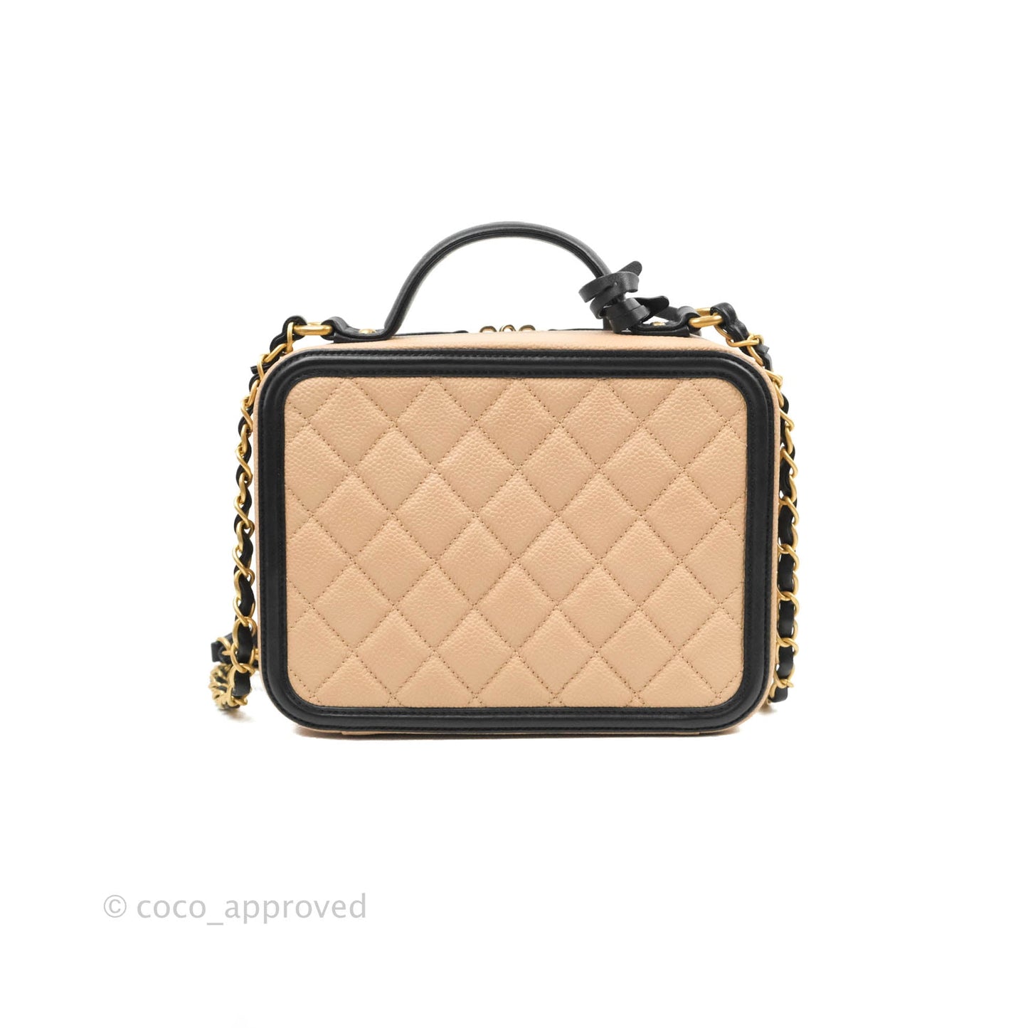 Chanel Quilted Medium CC Filigree Vanity Case Beige Caviar Aged Gold Hardware