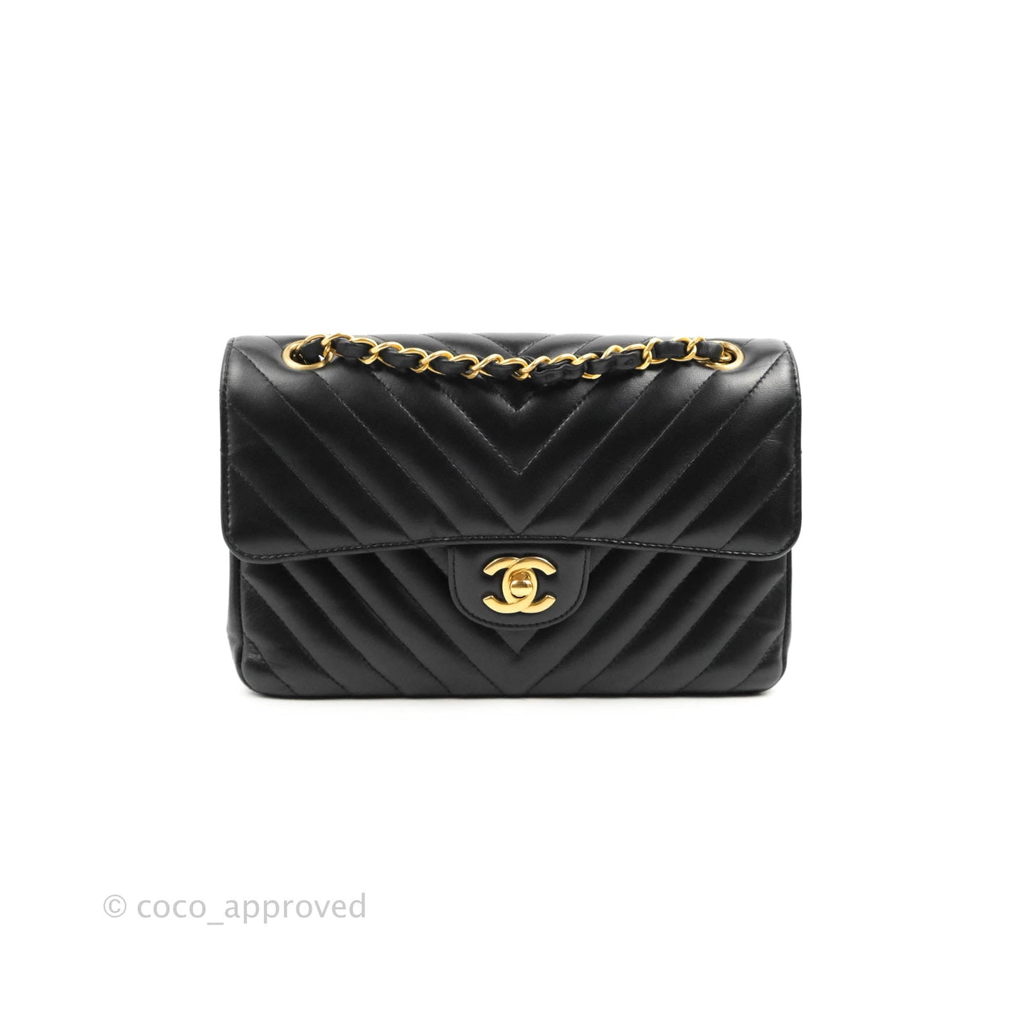 Chanel Classic Chevron S/M Small Double Flap Black Lambskin Gold Hardware