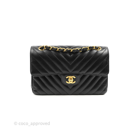 Chanel Classic Chevron S/M Small Double Flap Black Lambskin Gold Hardware