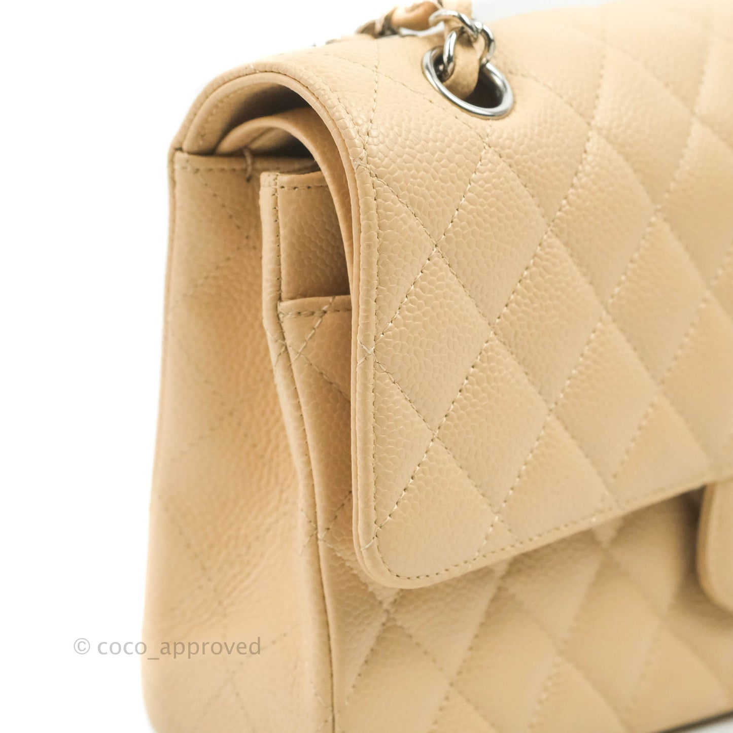 Chanel Classic M/L Medium Flap Quilted Beige Caviar Silver Hardware