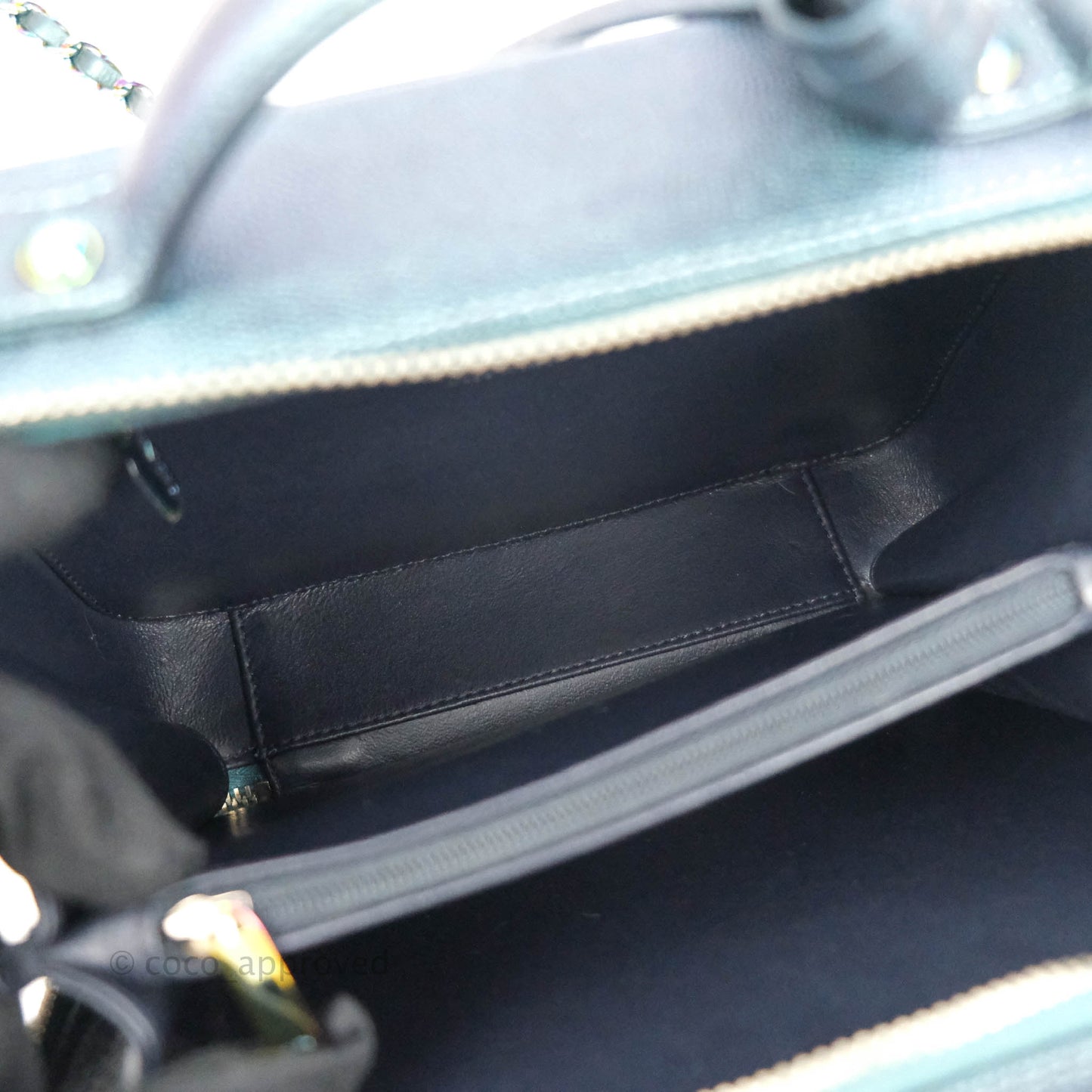 Chanel Quilted Medium CC Filigree Vanity Case Iridescent Dark Turquoise Caviar Rainbow Hardware