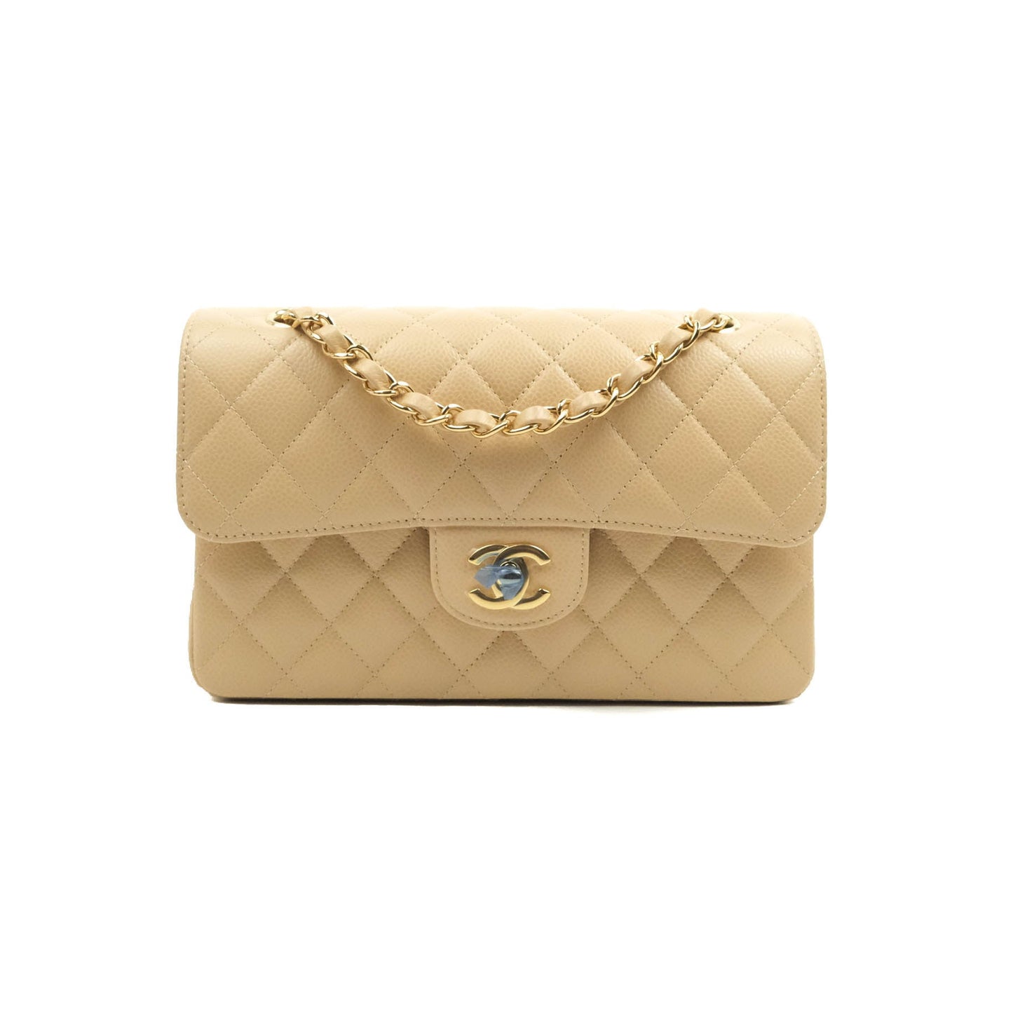 Chanel Small Classic Quilted Flap Beige Caviar Gold Hardware
