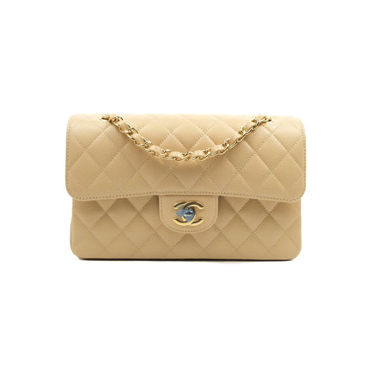 Chanel Small Classic Quilted Flap Beige Caviar Gold Hardware