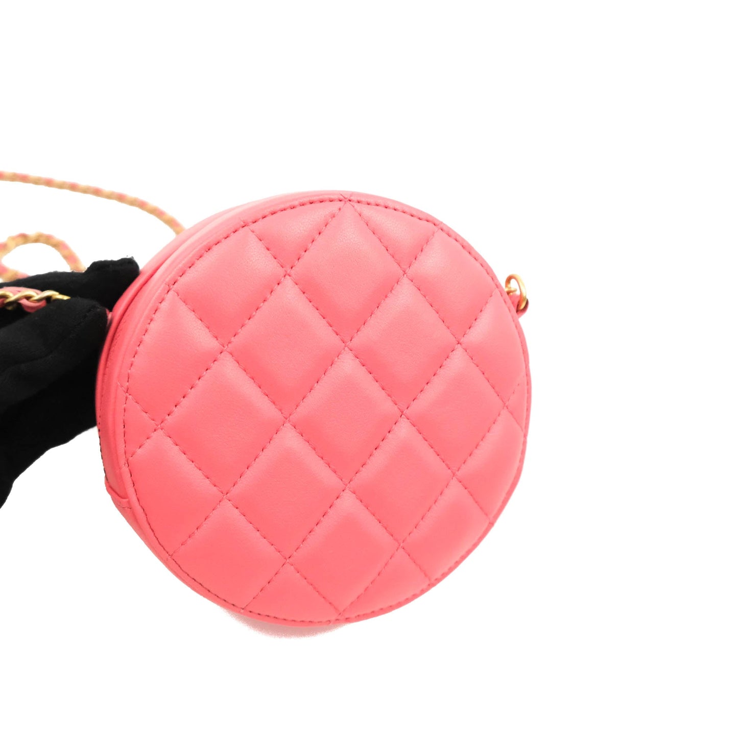 Chanel Quilted Round Pearl Crush Clutch With Chain Pink Lambskin Aged Gold Hardware