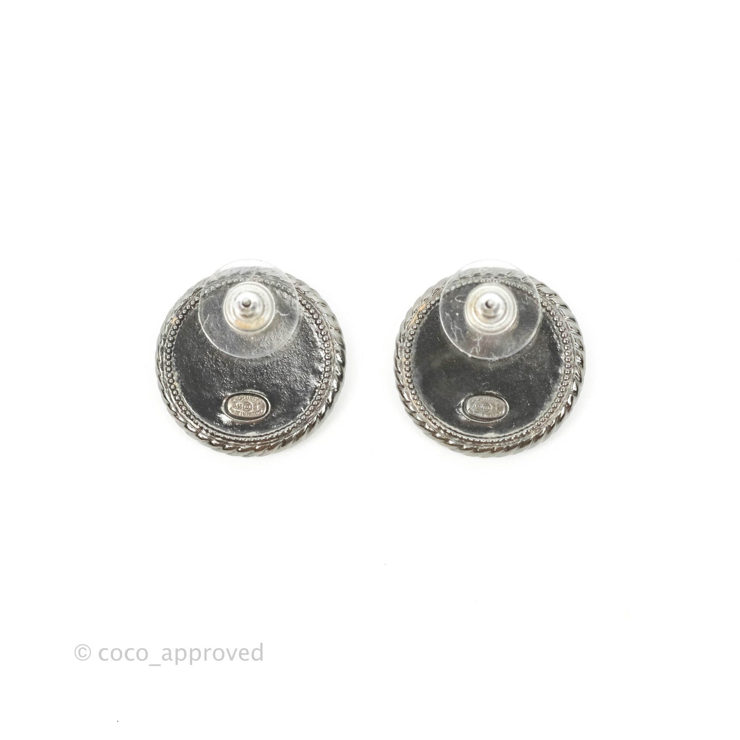 Chanel CC Crystal Black Resin Round Earrings Gun Metal 16S
