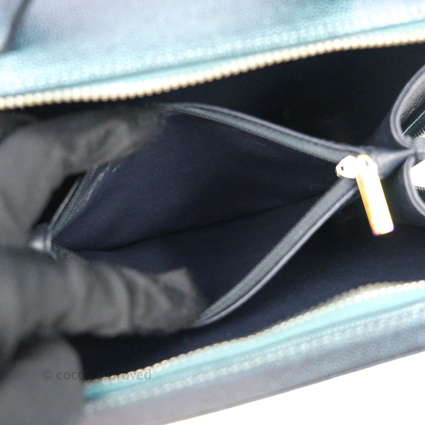 Chanel Quilted Medium CC Filigree Vanity Case Iridescent Dark Turquoise Caviar Rainbow Hardware