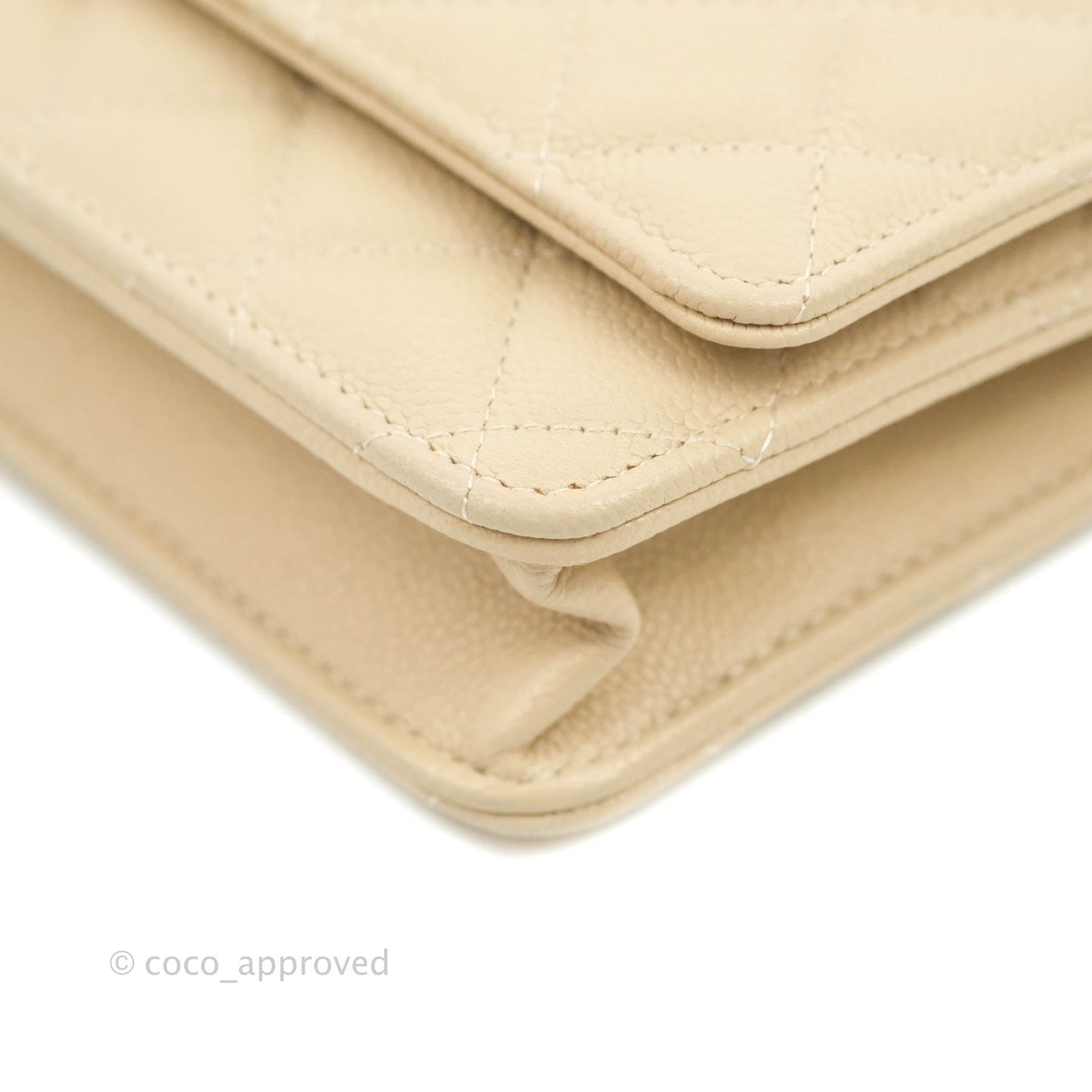 Chanel Quilted Wallet on CC Chain WOC Beige Caviar Gold Hardware
